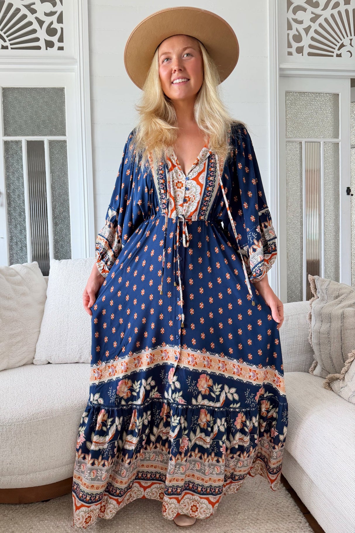 JAASE - Catalonia Maxi Dress: Batwing Sleeve Button Down Smock Dress in Asha Print