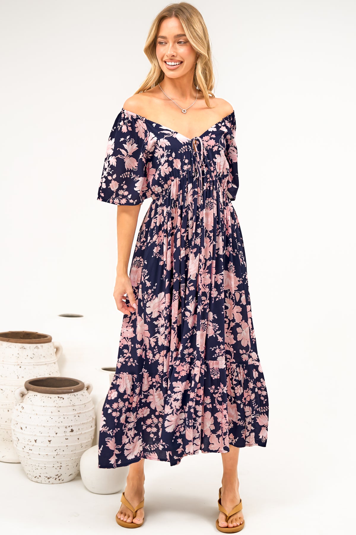 Caylee Midi Dress - V Neck On or Off Shoulder Empire Waist Dress with Short Sleeves in Hollis Print Navy