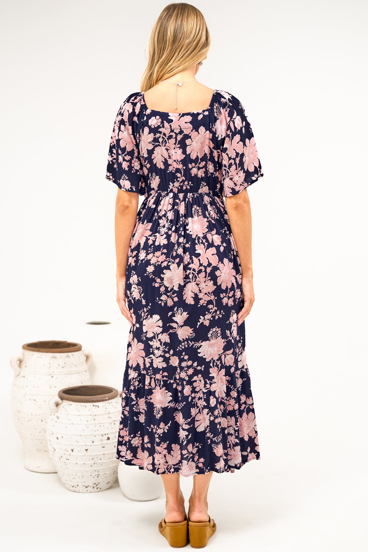 Caylee Midi Dress - V Neck On or Off Shoulder Empire Waist Dress with Short Sleeves in Hollis Print Navy