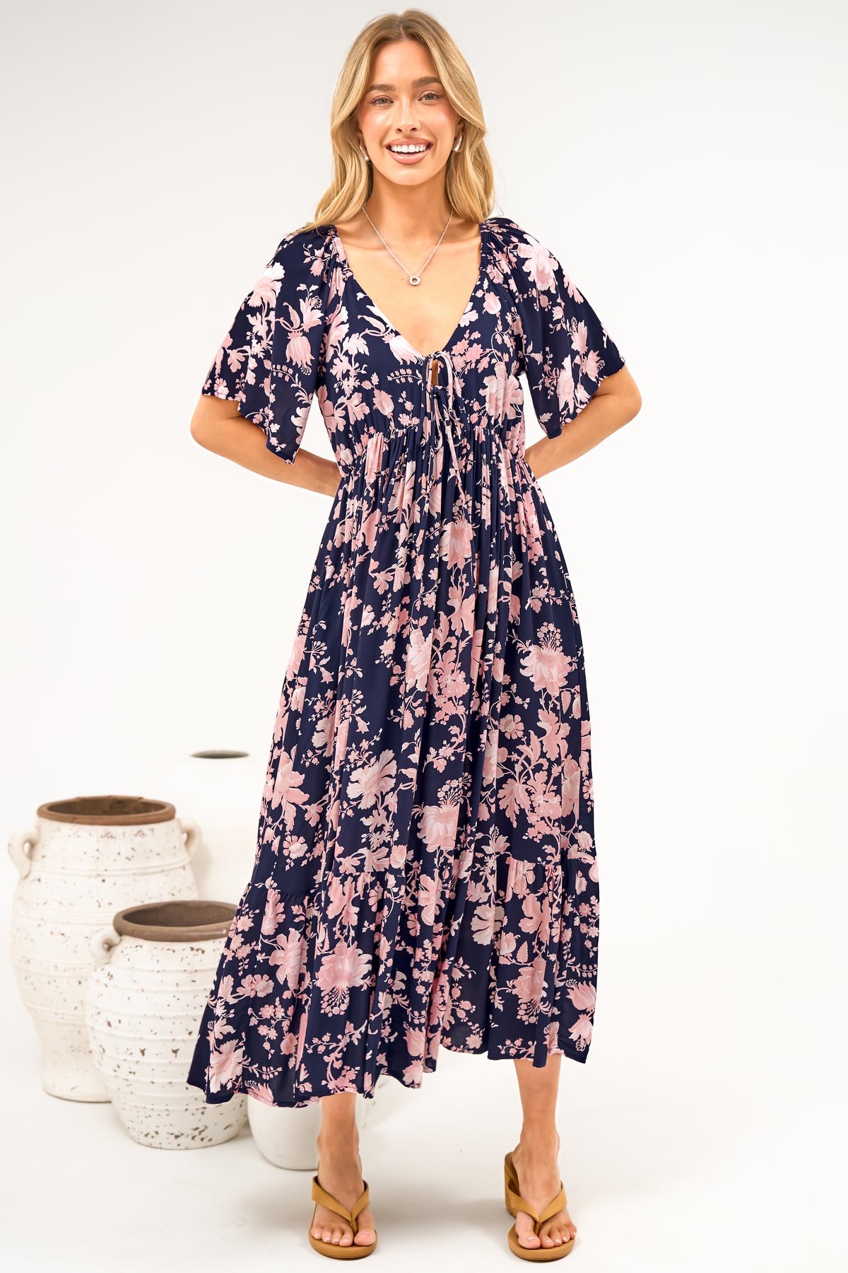 Caylee Midi Dress - V Neck On or Off Shoulder Empire Waist Dress with Short Sleeves in Hollis Print Navy