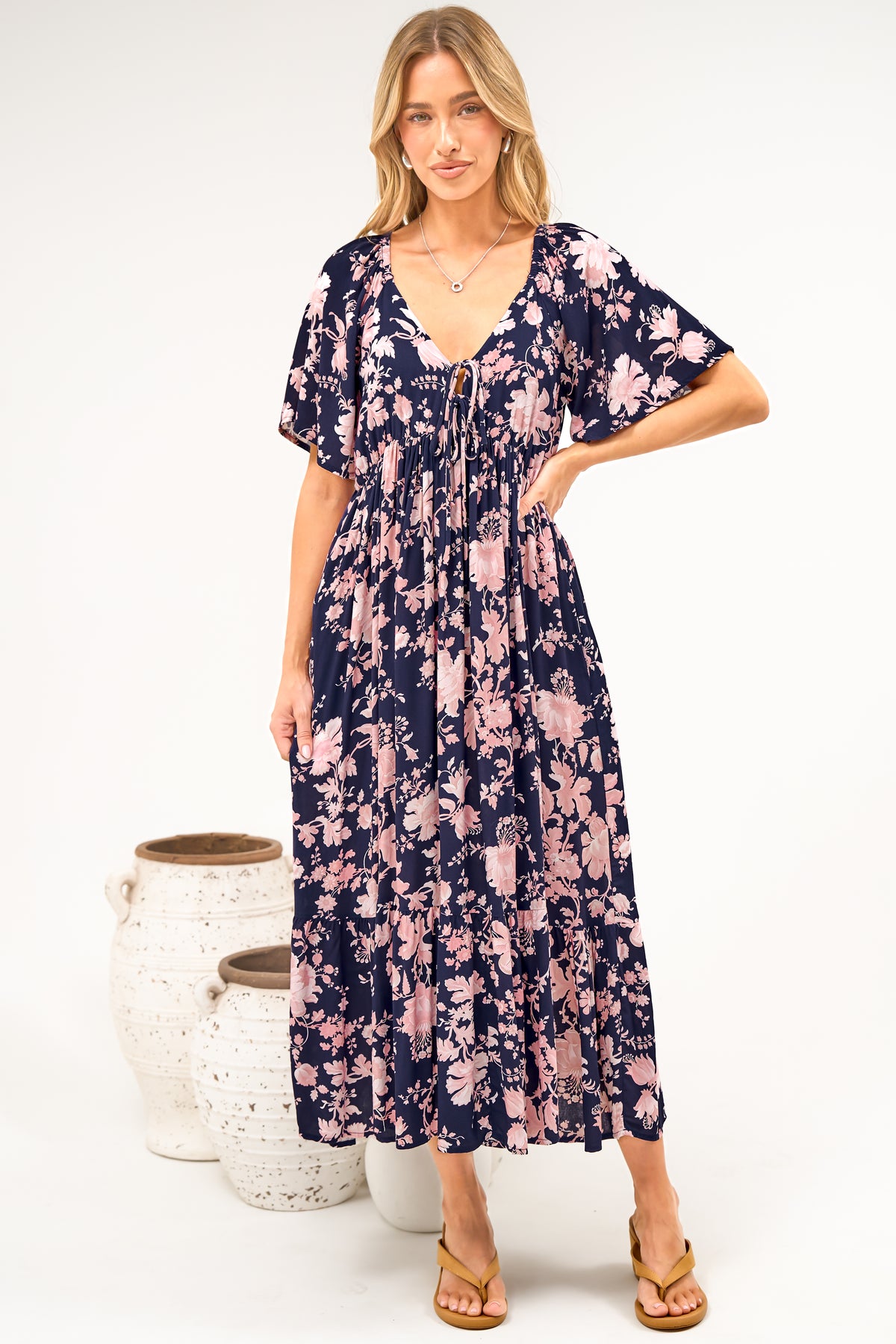 Caylee Midi Dress - V Neck On or Off Shoulder Empire Waist Dress with Short Sleeves in Hollis Print Navy