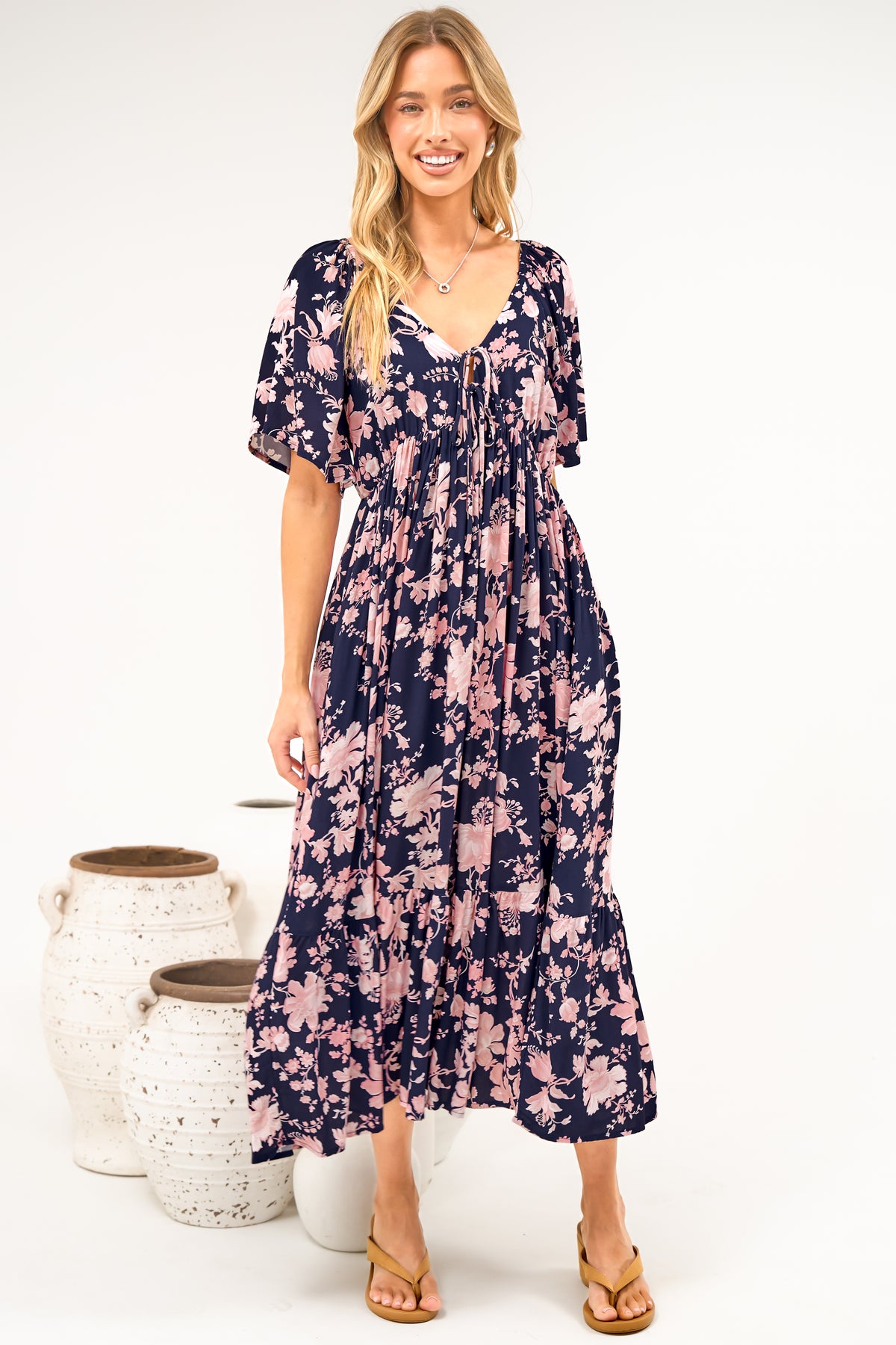 Caylee Midi Dress - V Neck On or Off Shoulder Empire Waist Dress with Short Sleeves in Hollis Print Navy