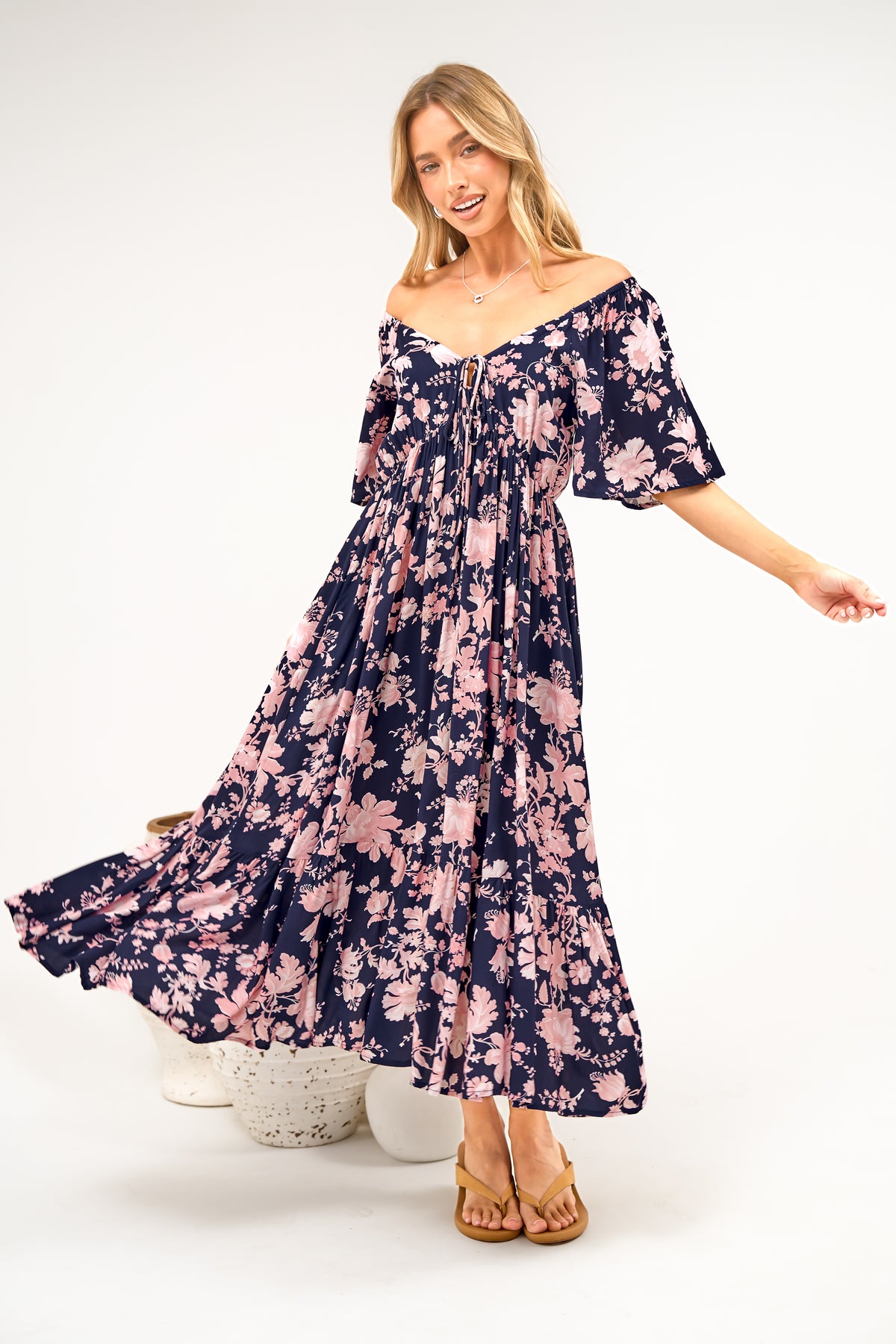 Caylee Midi Dress - V Neck On or Off Shoulder Empire Waist Dress with Short Sleeves in Hollis Print Navy
