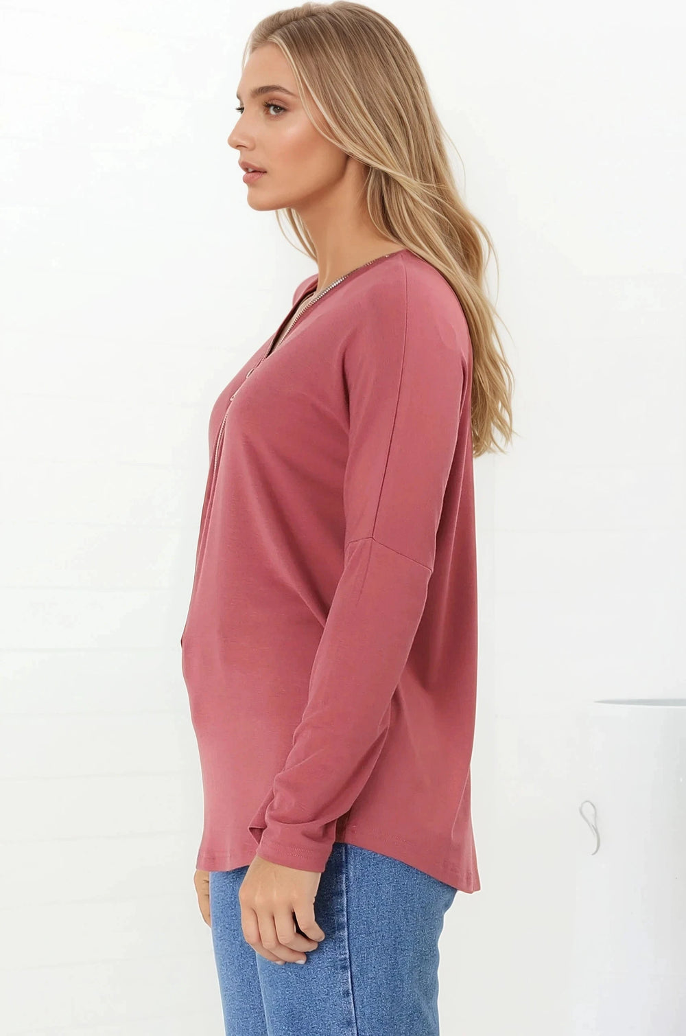 Cecile Top - Zipper Detail V Neck Top in Guava