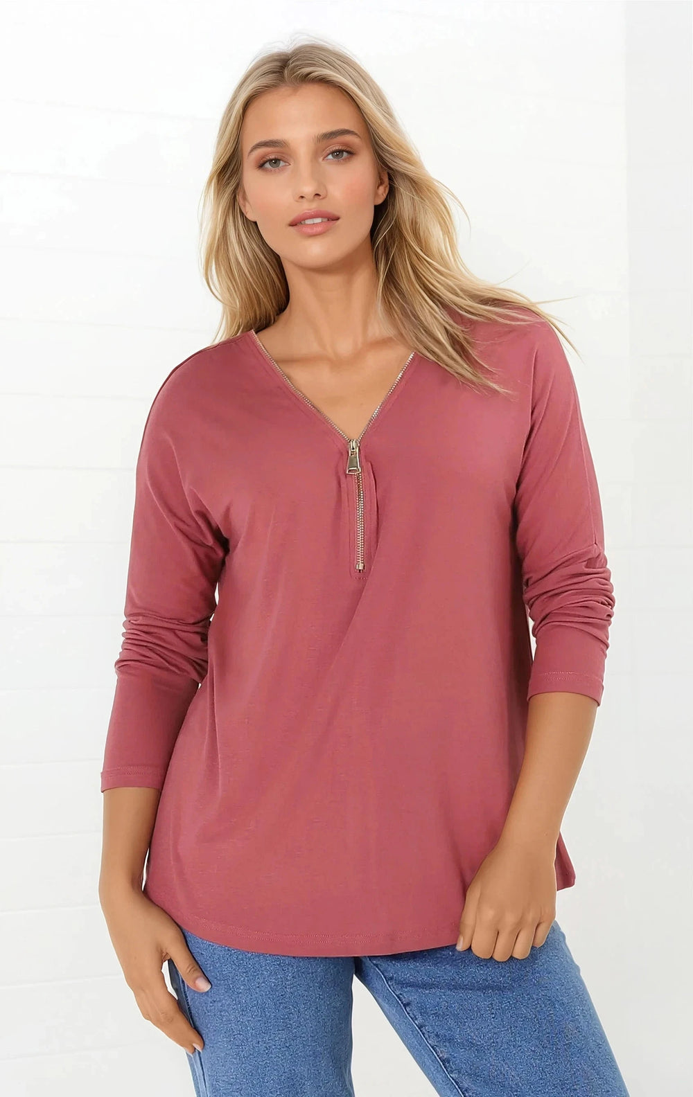Cecile Top - Zipper Detail V Neck Top in Guava