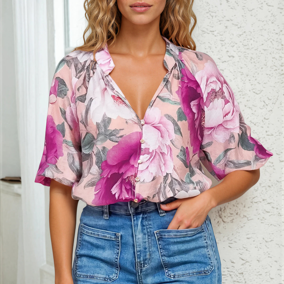 Feminine Blouses: Cecilia Blouse - Tiana Print Pink | salty crush