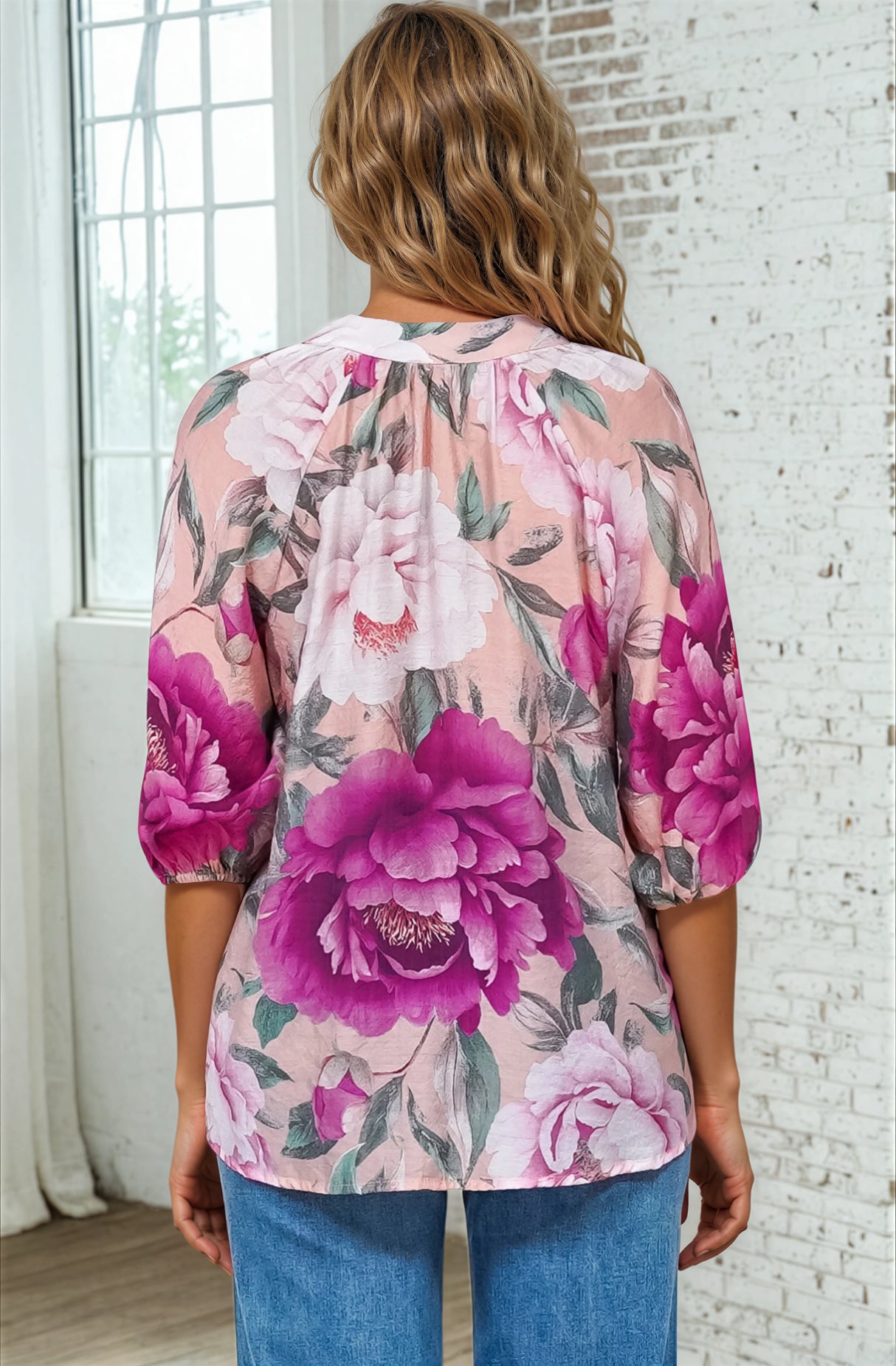 Cecilia Blouse - Mandarin Collar Button-Down with Half Balloon Sleeves in Tiana Print Pink