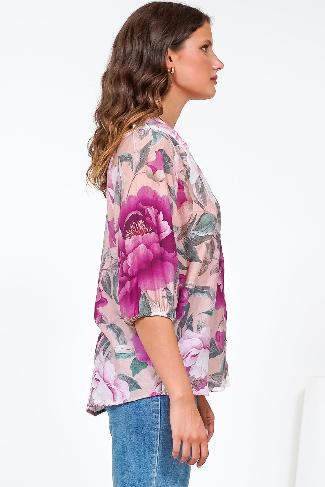 Cecilia Blouse - Mandarin Collar Button-Down with Half Balloon Sleeves in Tiana Print Pink