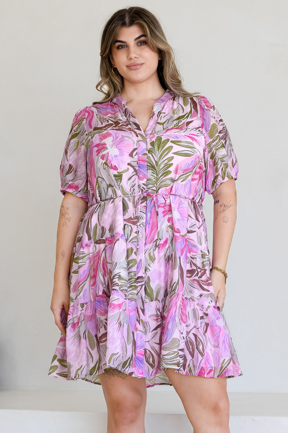 Cecilia Mini Dress - Mandarin Collar Shirt Dress with String Belt in Thalita Print Pink