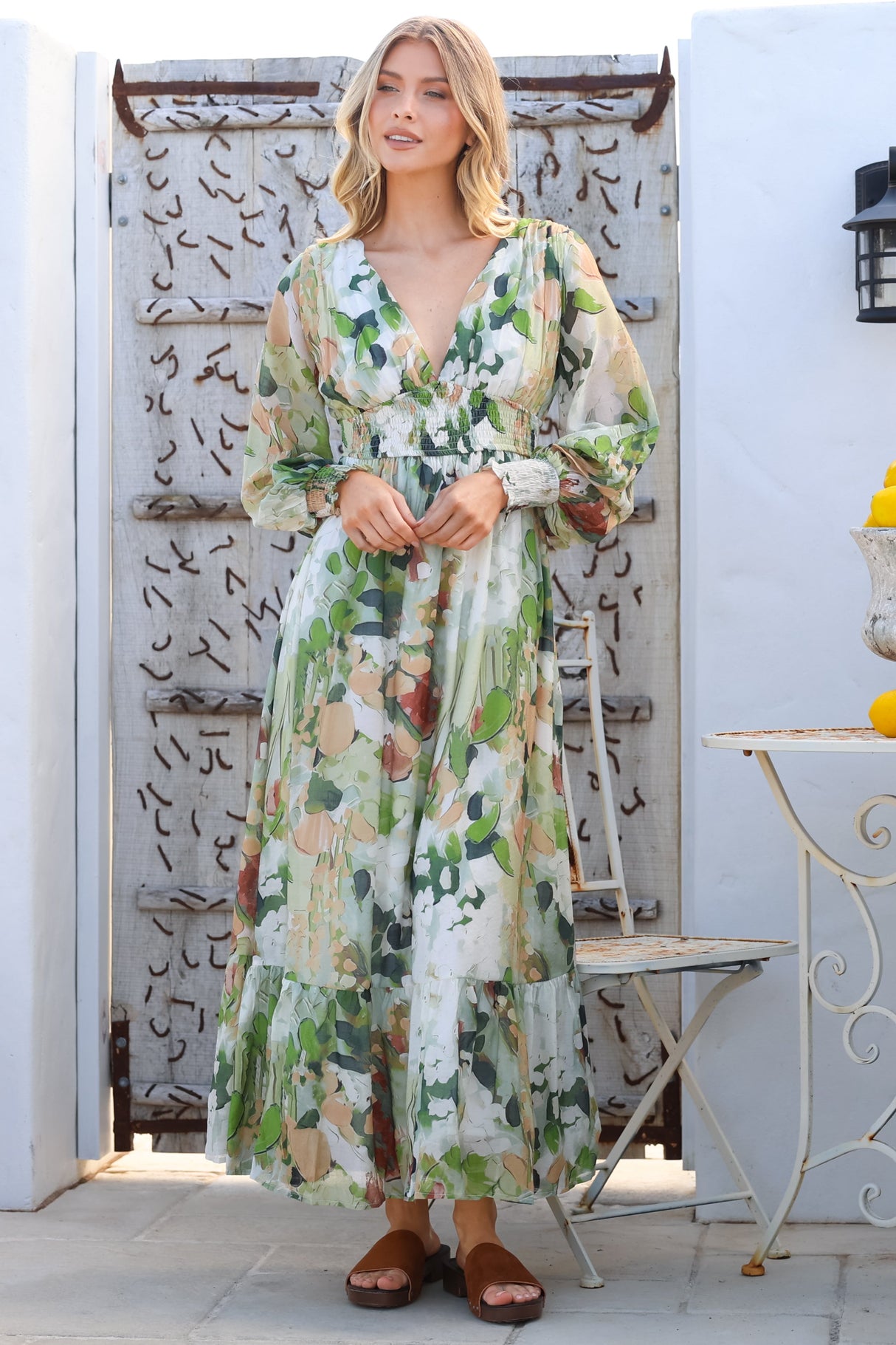Celita Maxi Dress - Deep V Neck Dress with Flowing Balloon Sleeves in Kamara Print Green