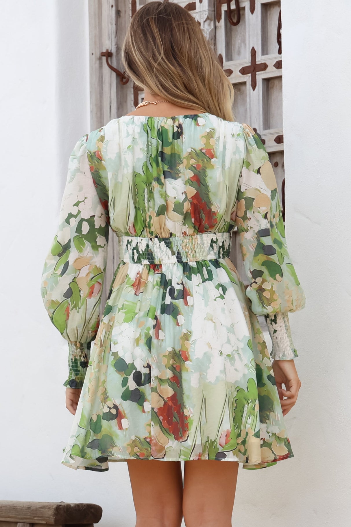 Celita Mini Dress - Deep V-Neck Dress with Flowing Skirt in Kamara Print Green