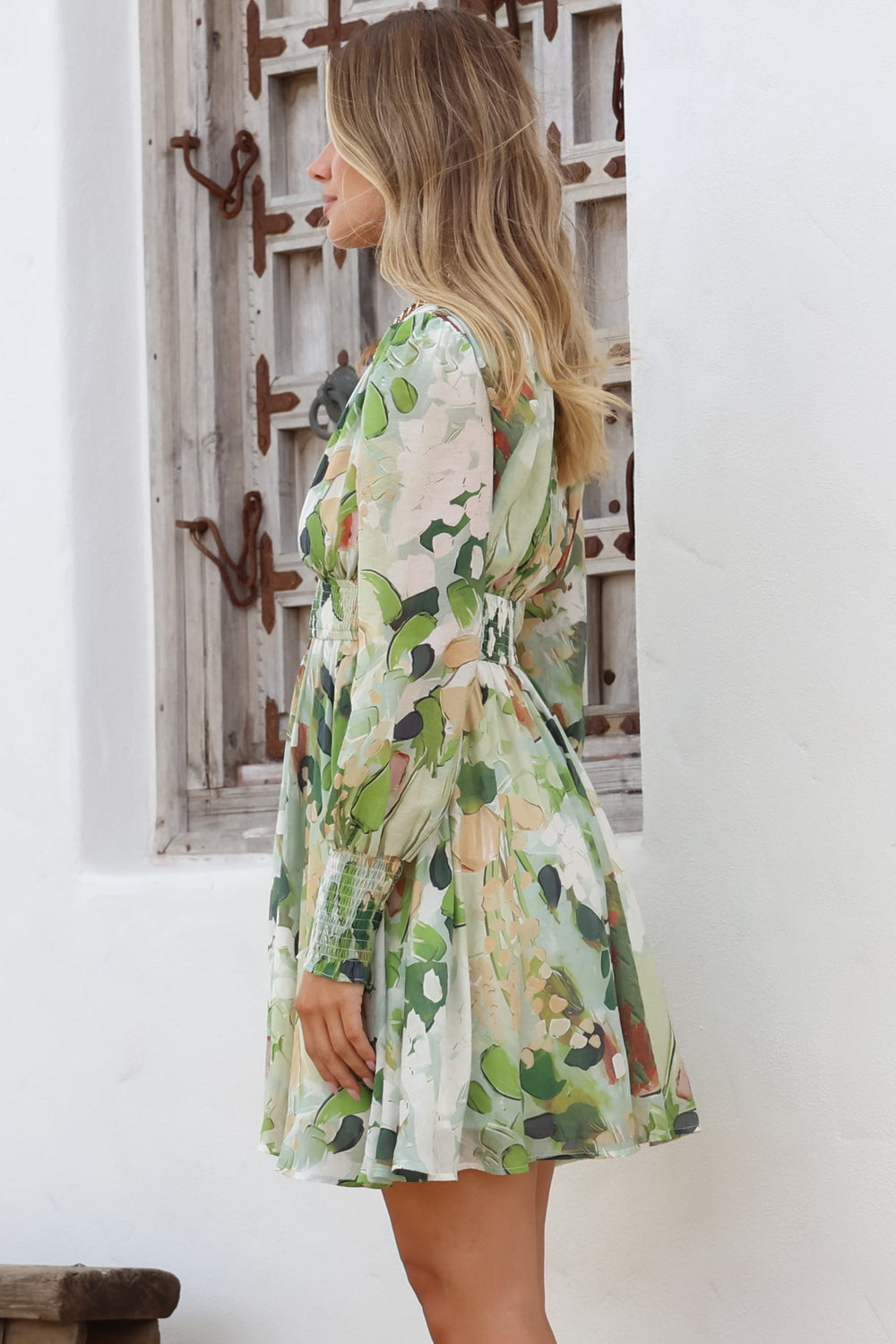 Celita Mini Dress - Deep V-Neck Dress with Flowing Skirt in Kamara Print Green