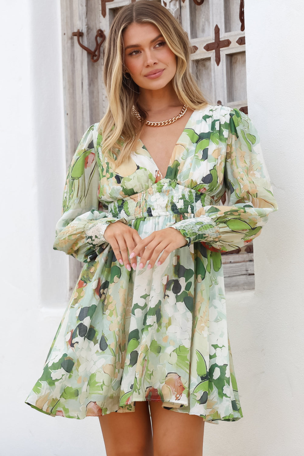 Celita Mini Dress - Deep V-Neck Dress with Flowing Skirt in Kamara Print Green