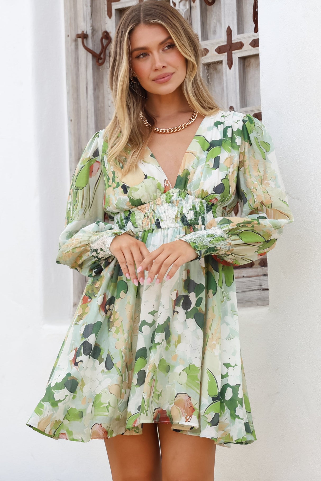 Celita Mini Dress - Deep V-Neck Dress with Flowing Skirt in Kamara Print Green