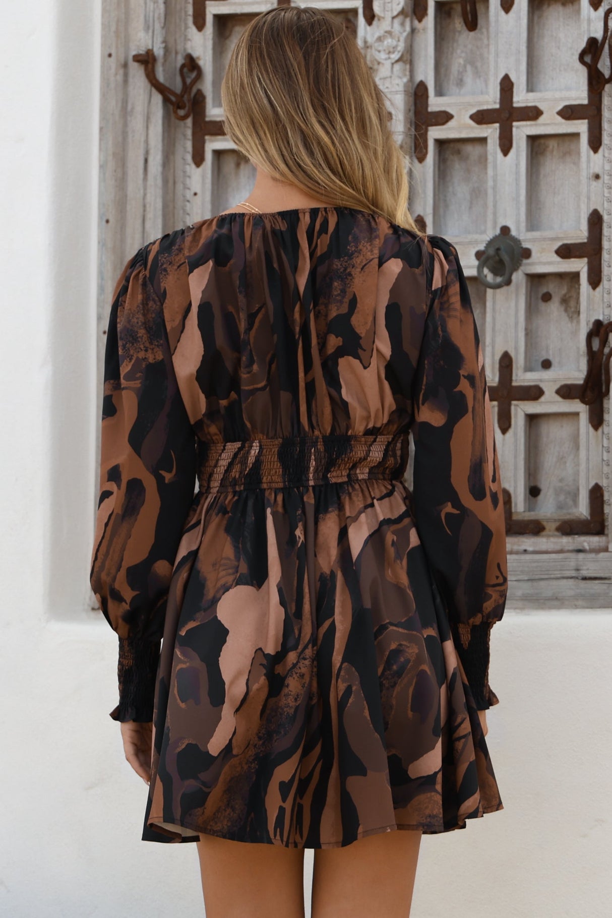 Celita Mini Dress - Deep V-Neck Dress with Flowing Skirt in Chelsea Print Brown