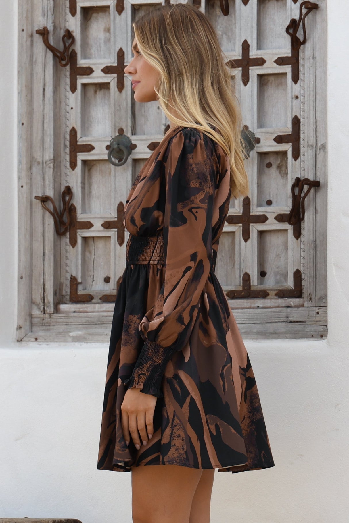 Celita Mini Dress - Deep V-Neck Dress with Flowing Skirt in Chelsea Print Brown