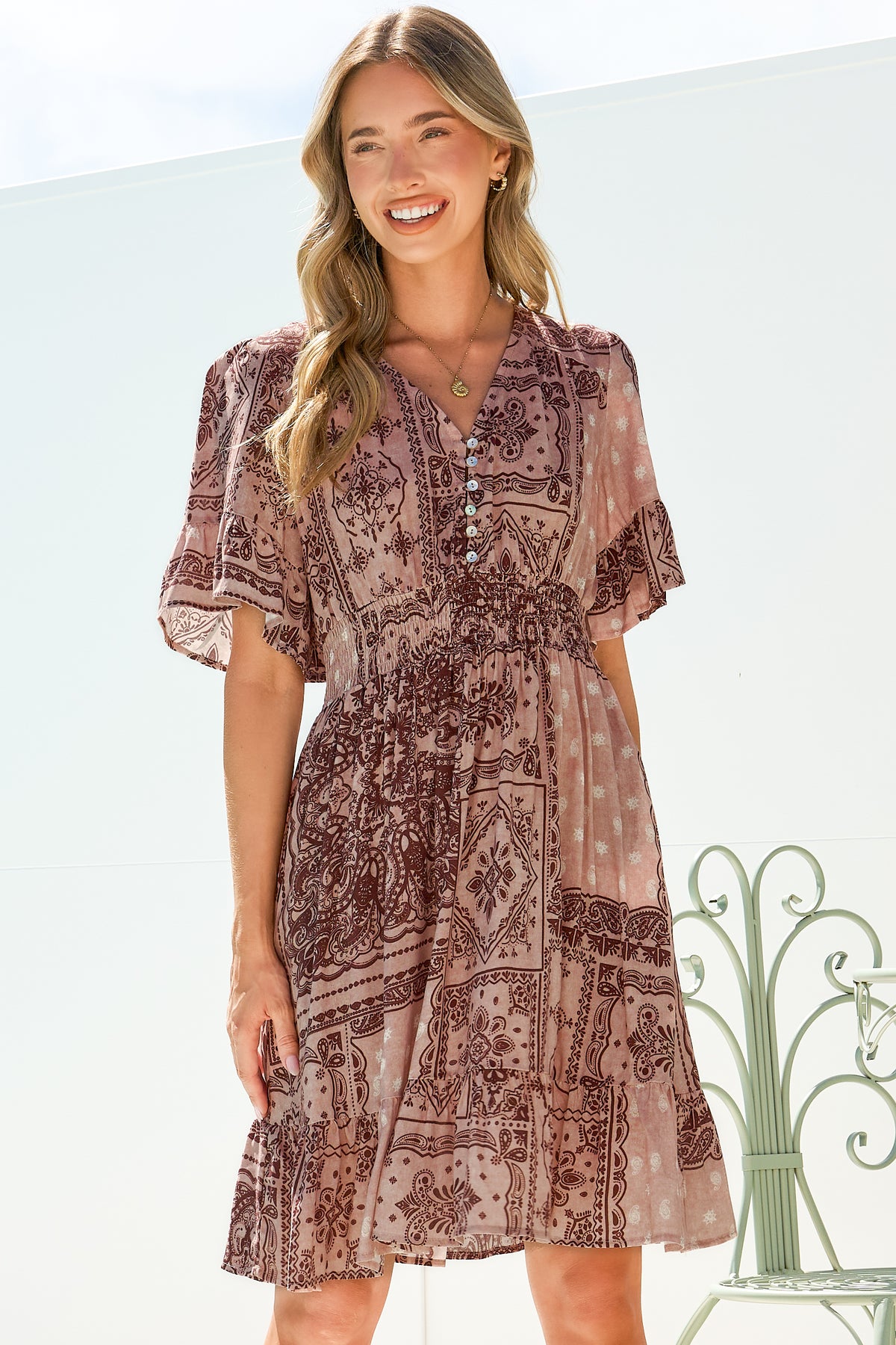Cerise Mini Dress - V Neck Button-Front A Line Dress with Flutter Sleeves in Westwood Print