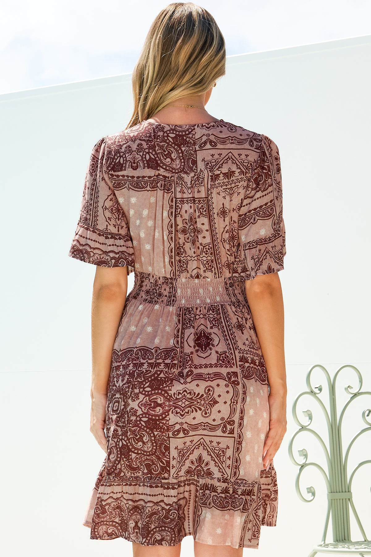 Cerise Mini Dress - V Neck Button-Front A Line Dress with Flutter Sleeves in Westwood Print