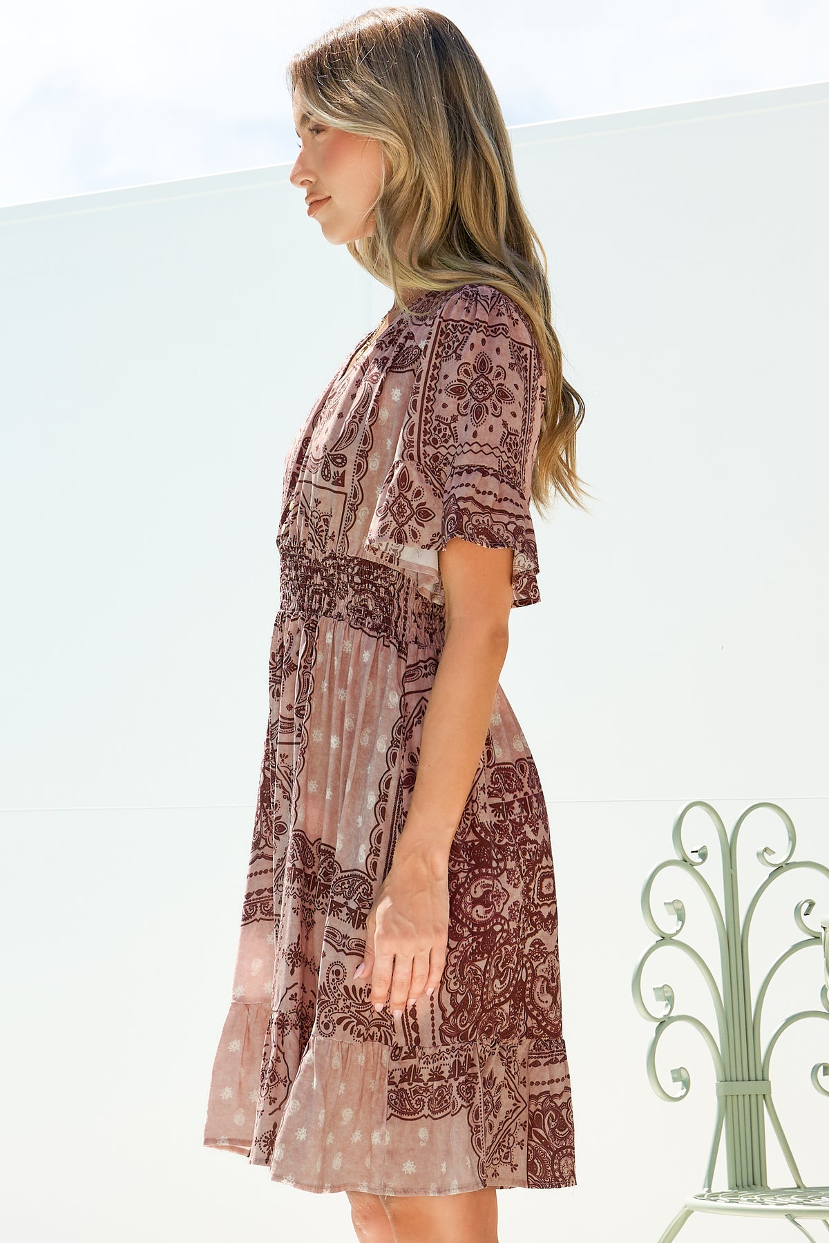 Cerise Mini Dress - V Neck Button-Front A Line Dress with Flutter Sleeves in Westwood Print