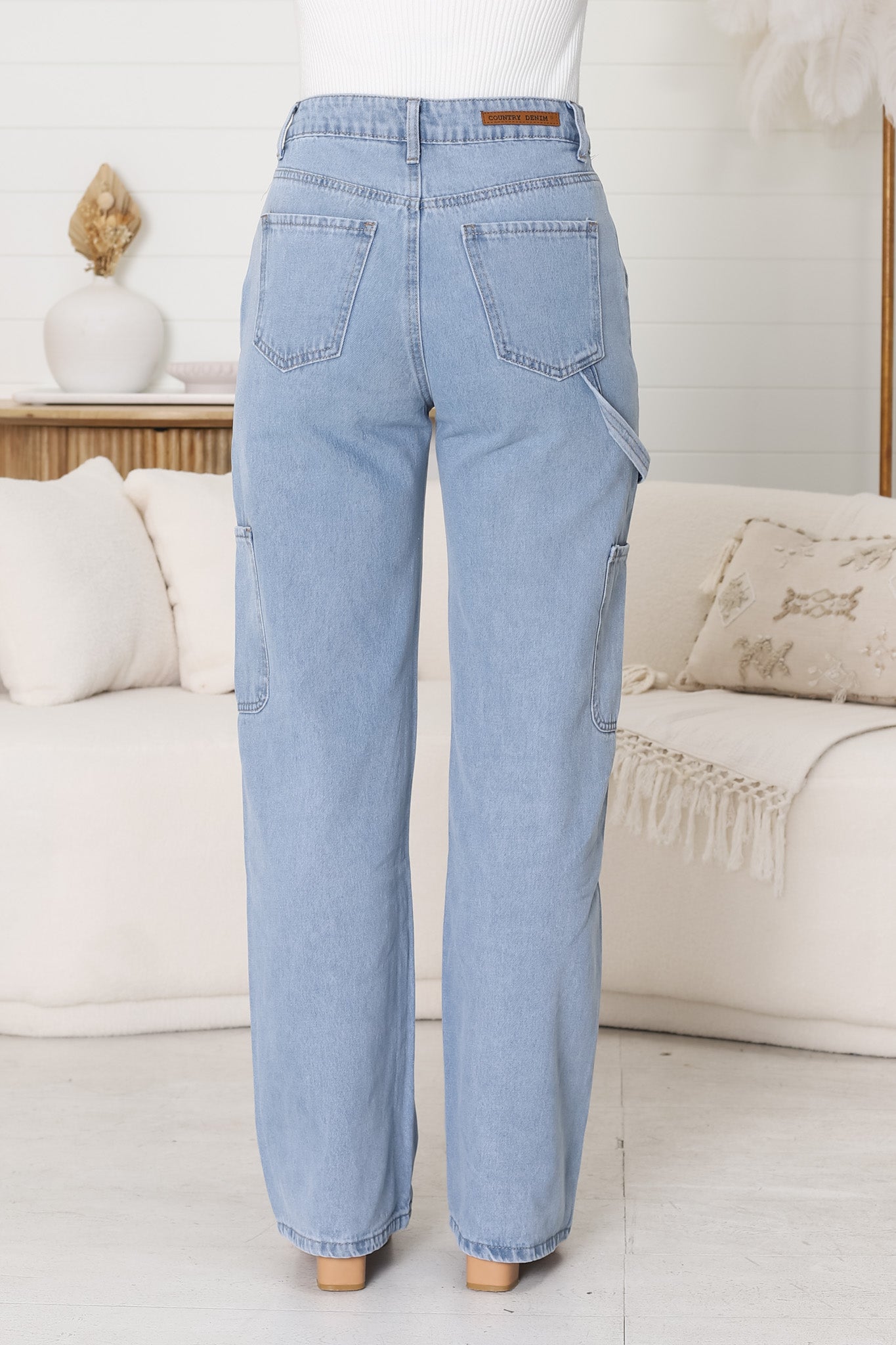 Chakra Cargo Pants - Straight Leg High Waist Cargo Jeans in Light Denim