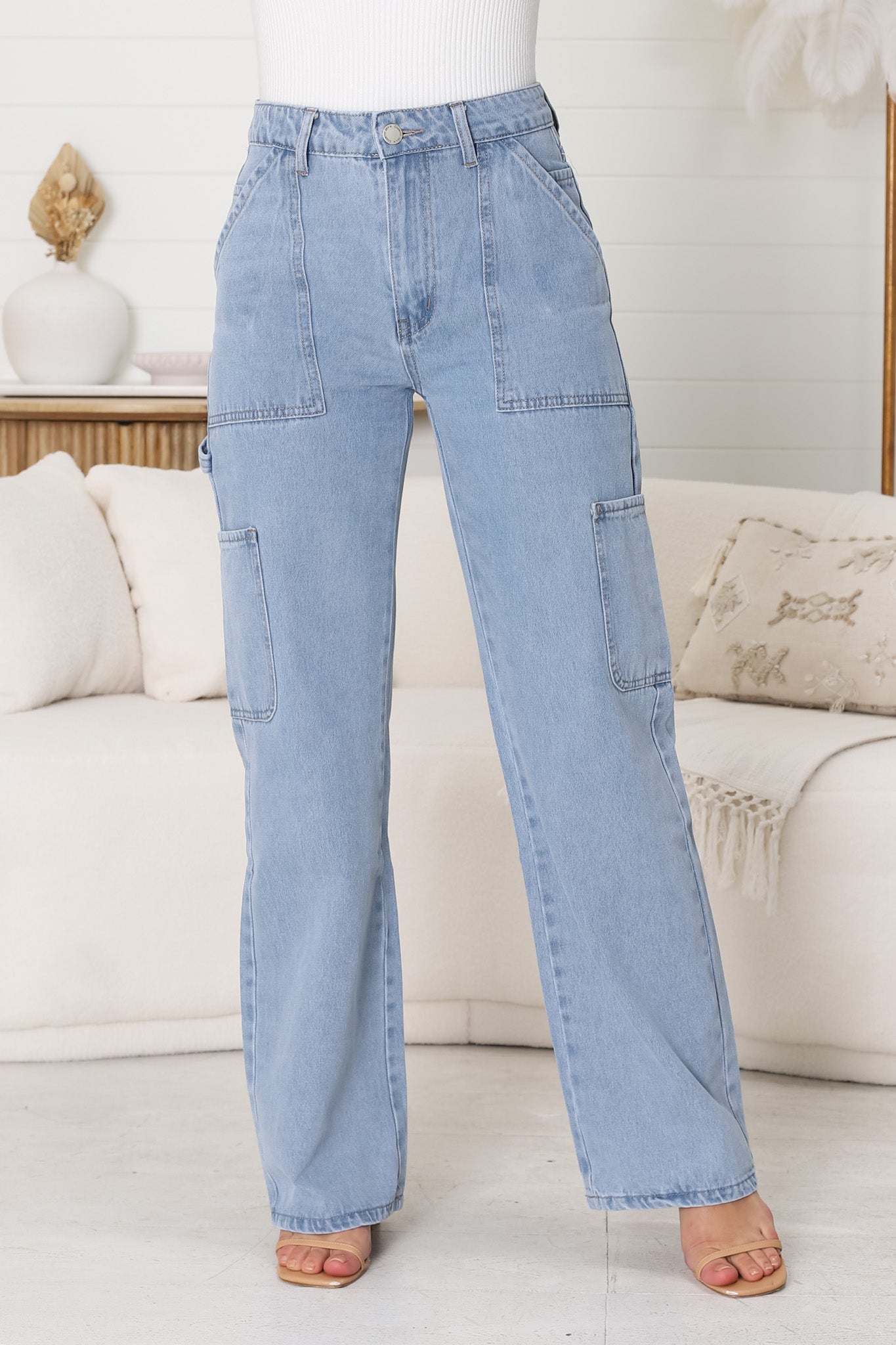 Chakra Cargo Pants - Straight Leg High Waist Cargo Jeans in Light Denim