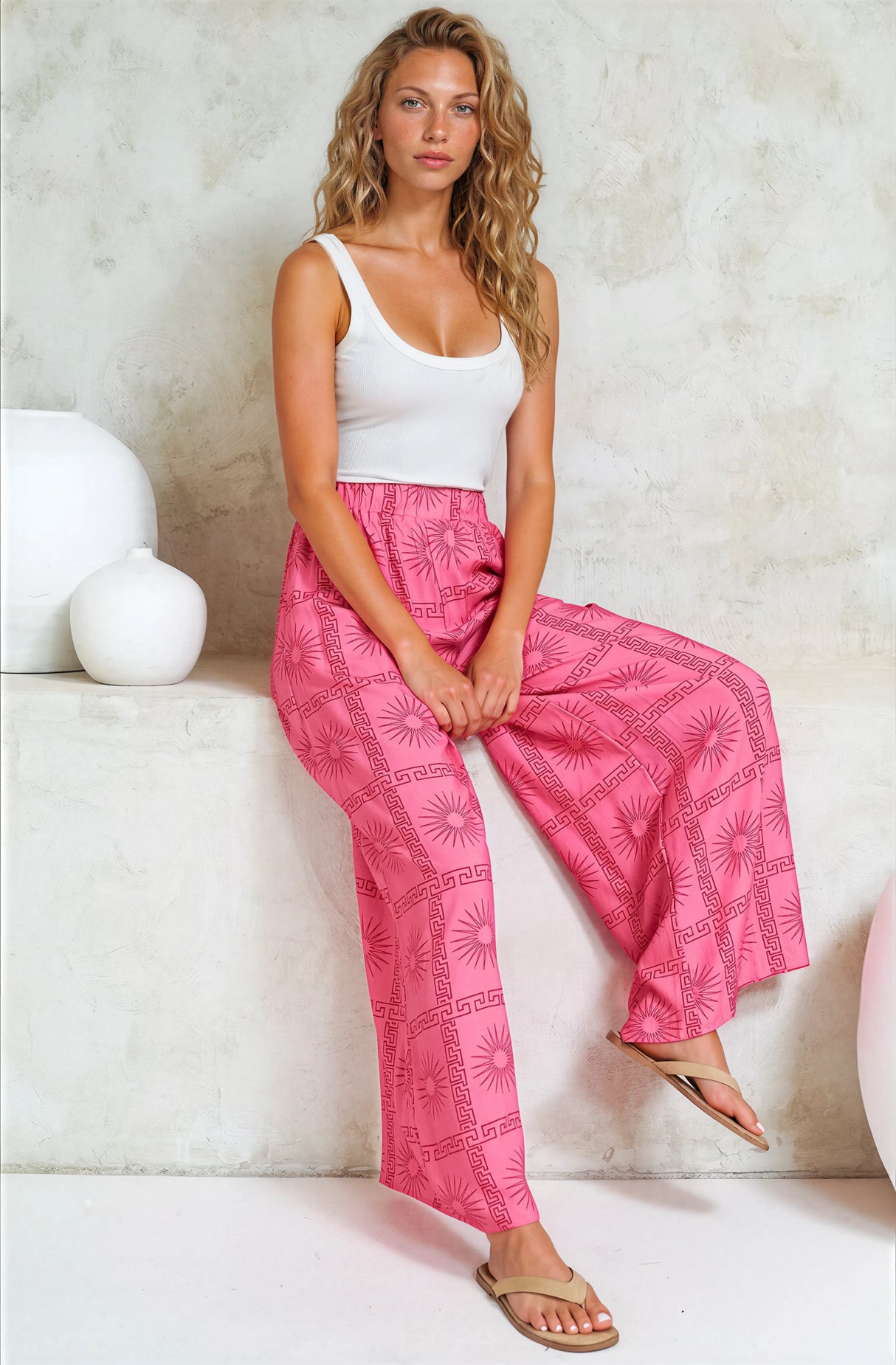Channing Pants - High Waisted Wide-Leg Pants with Pockets in Astra Print Pink