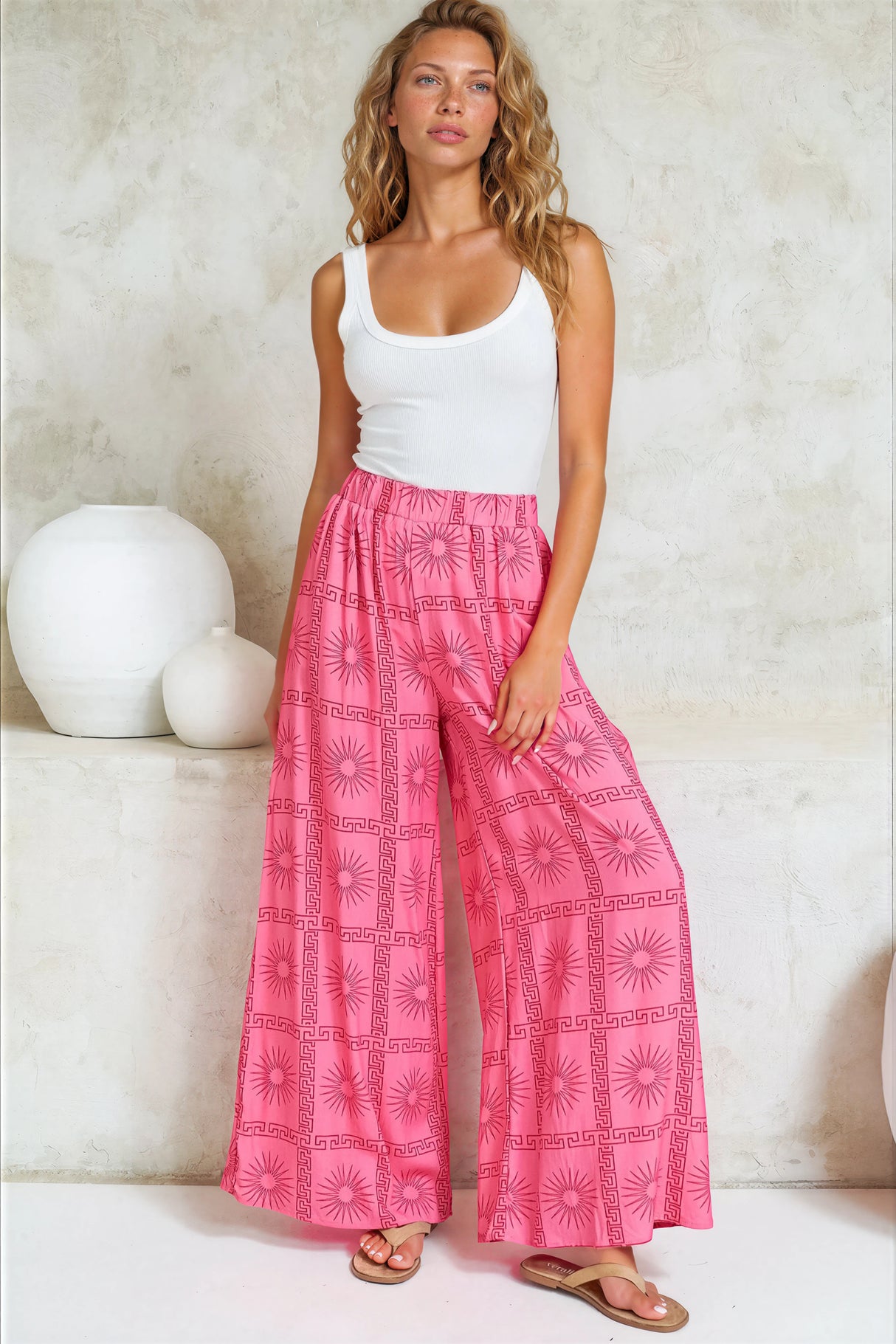 Channing Pants - High Waisted Wide-Leg Pants with Pockets in Astra Print Pink
