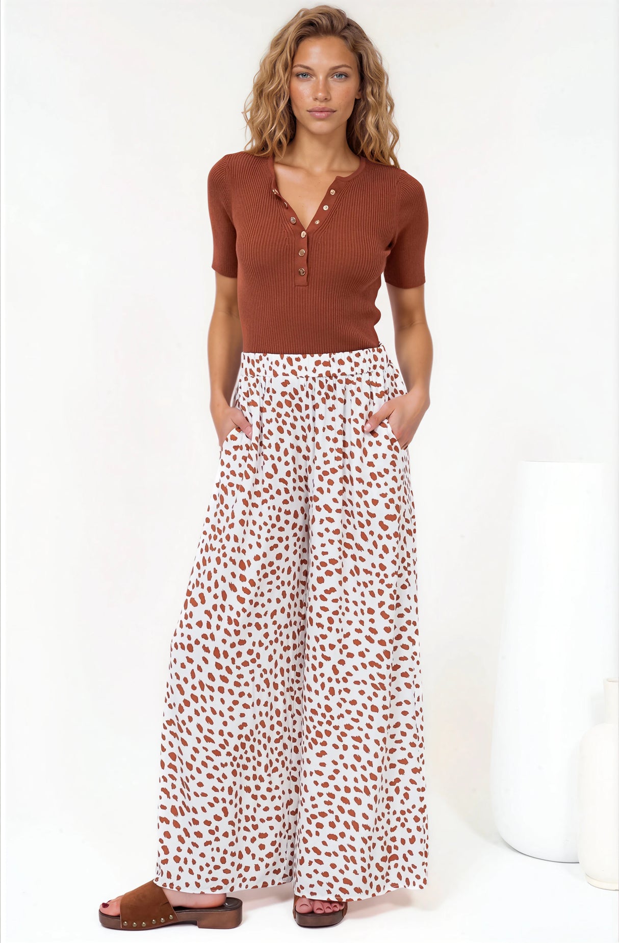 Channing Pants - High Waisted Wide-Leg Pants with Pockets in Dasher Print Brown