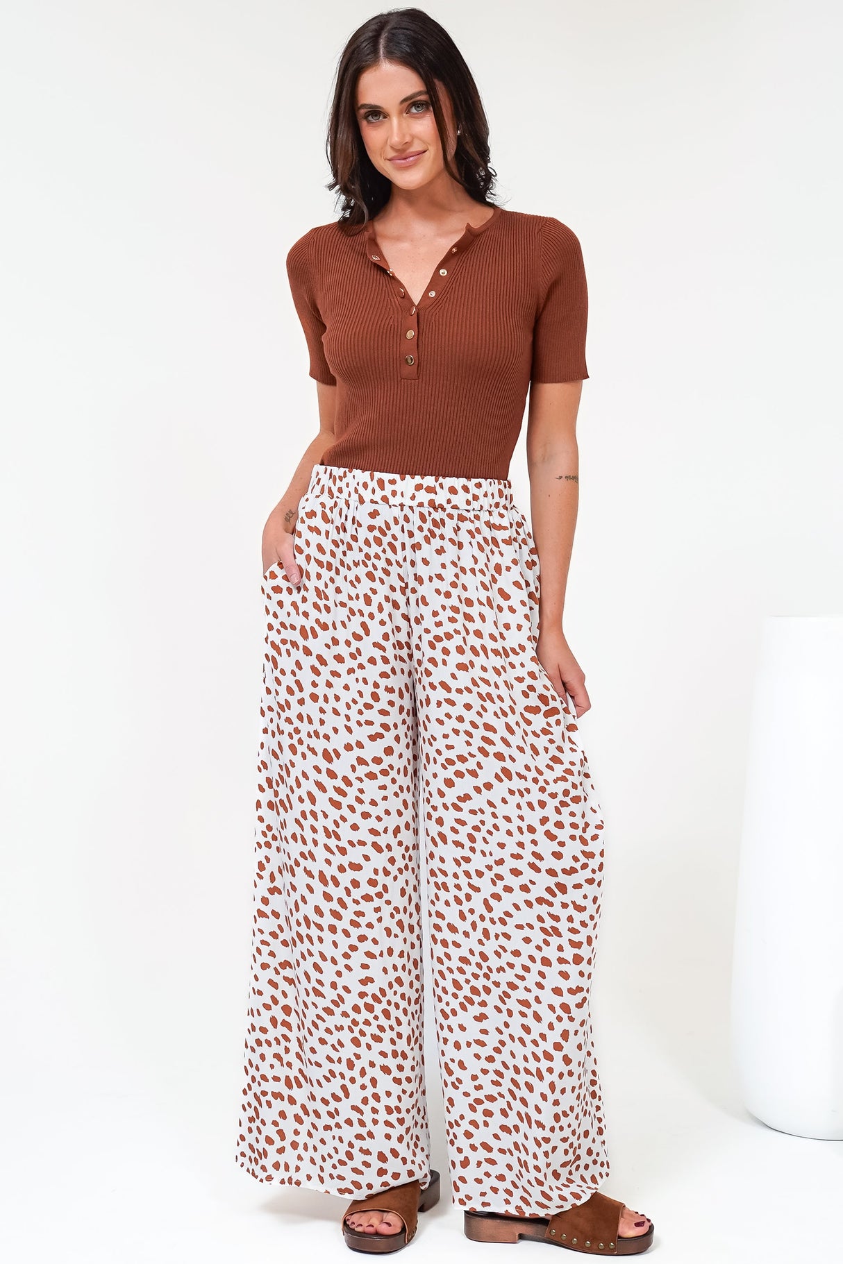 Channing Pants - High Waisted Wide-Leg Pants with Pockets in Dasher Print Brown
