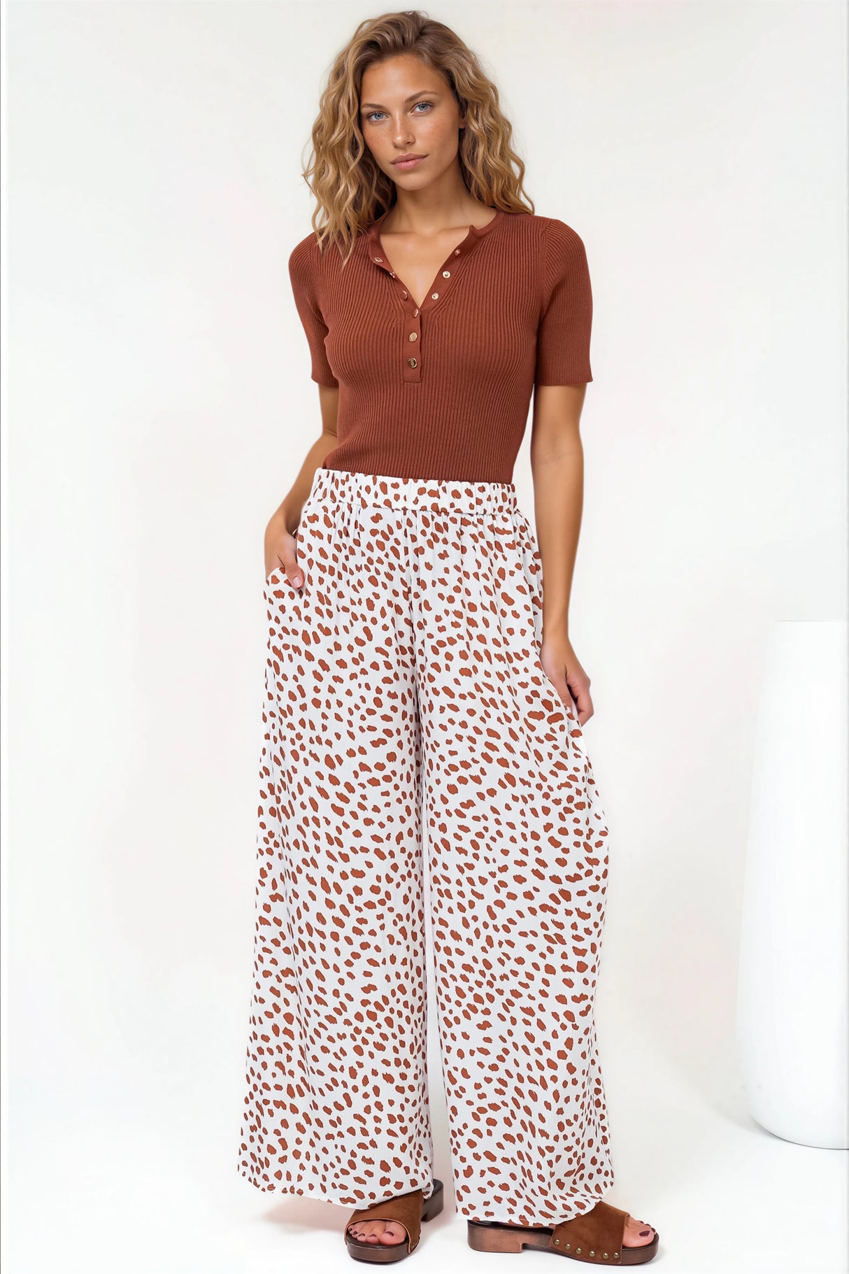 Channing Pants - High Waisted Wide-Leg Pants with Pockets in Dasher Print Brown