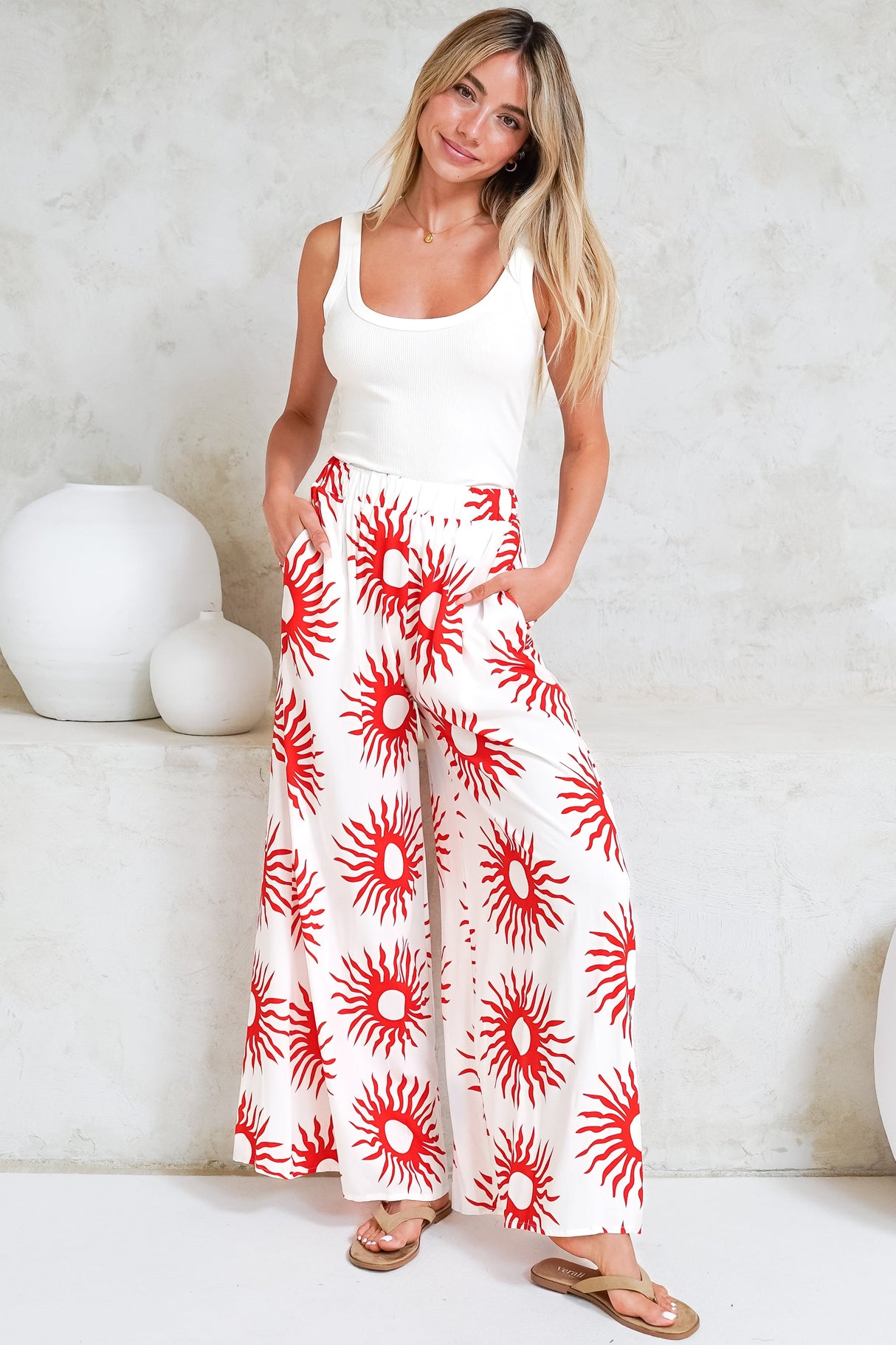Channing Pants - High Waisted Wide-Leg Pants with Pockets in Solar Print Red