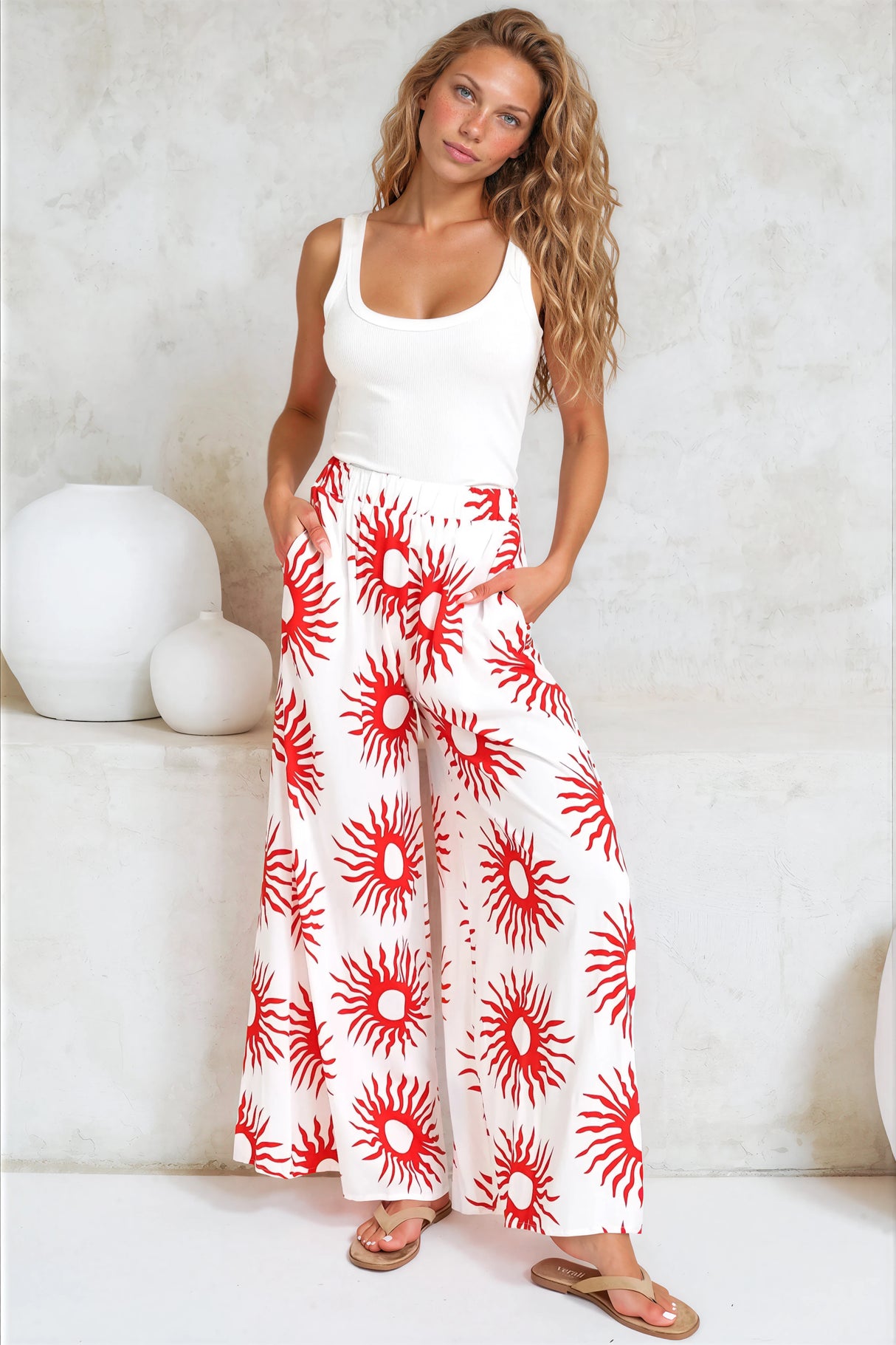 Channing Pants - High Waisted Wide-Leg Pants with Pockets in Solar Print Red