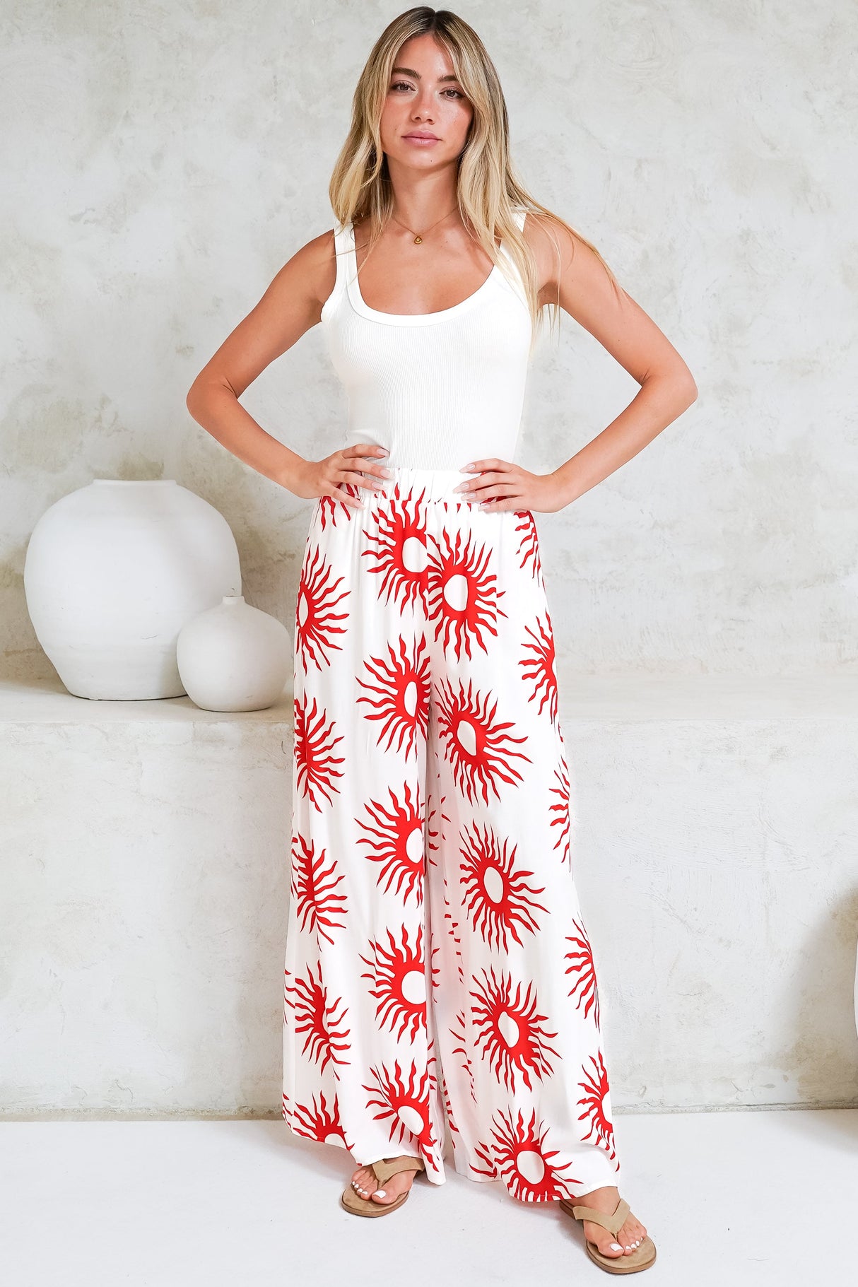Channing Pants - High Waisted Wide-Leg Pants with Pockets in Solar Print Red