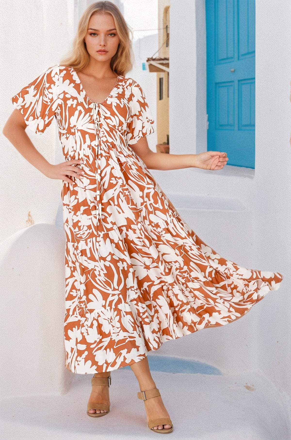 Charis Midi Dress - Pull In V Neckline Dress With Cap Balloon Sleeves