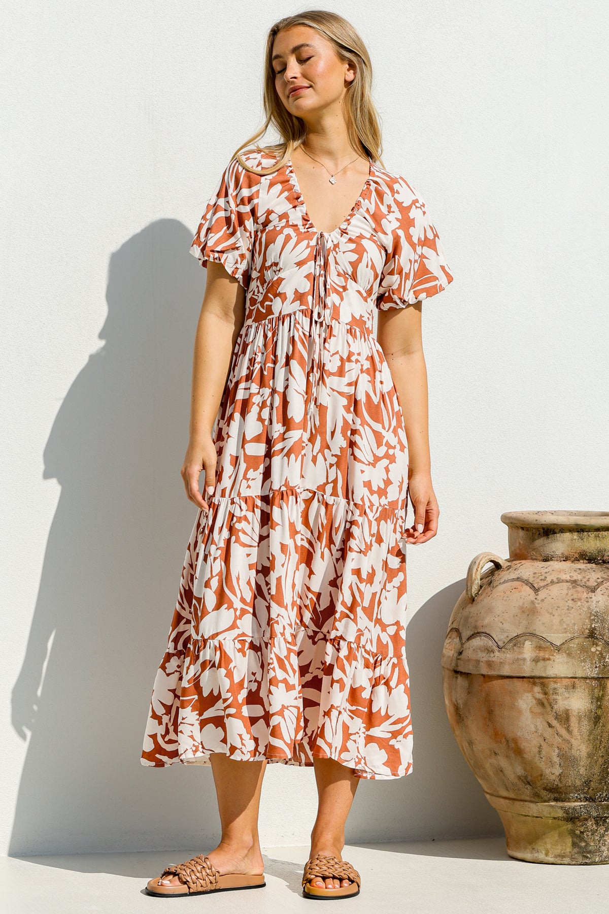 Charis Midi Dress - Pull In V Neckline Dress With Cap Balloon Sleeves