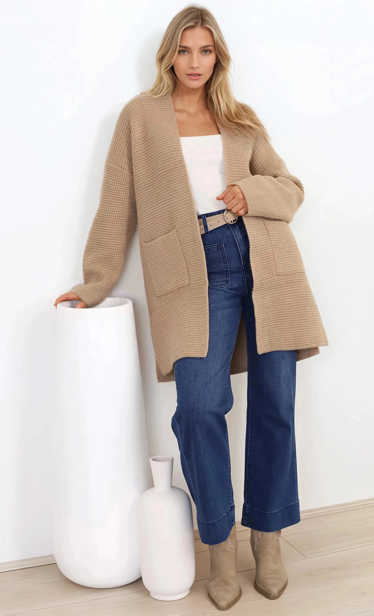 Charles Cardigan - Open Front Knit Cardigan with Pockets in Camel
