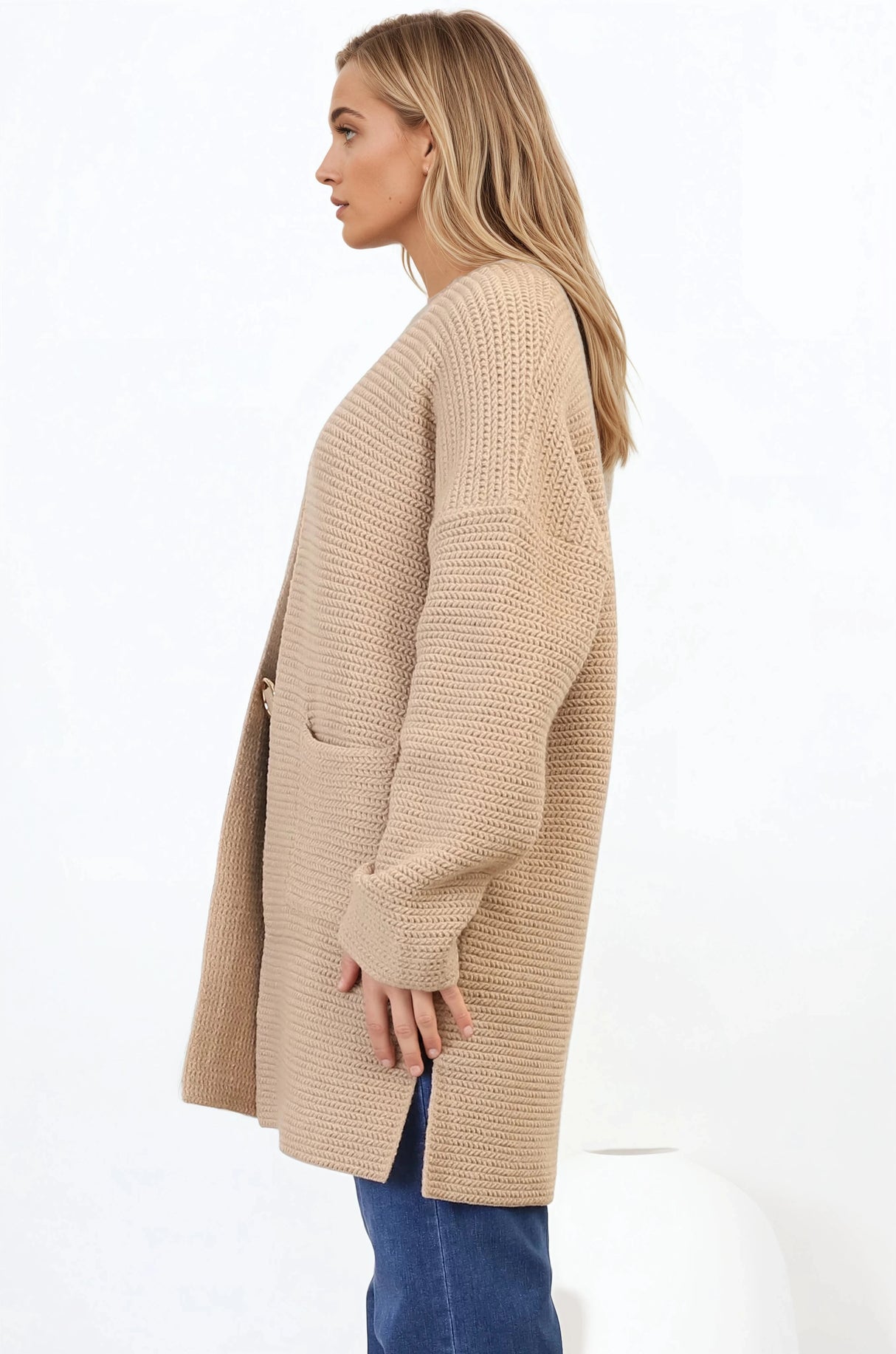 Charles Cardigan - Open Front Knit Cardigan with Pockets in Camel