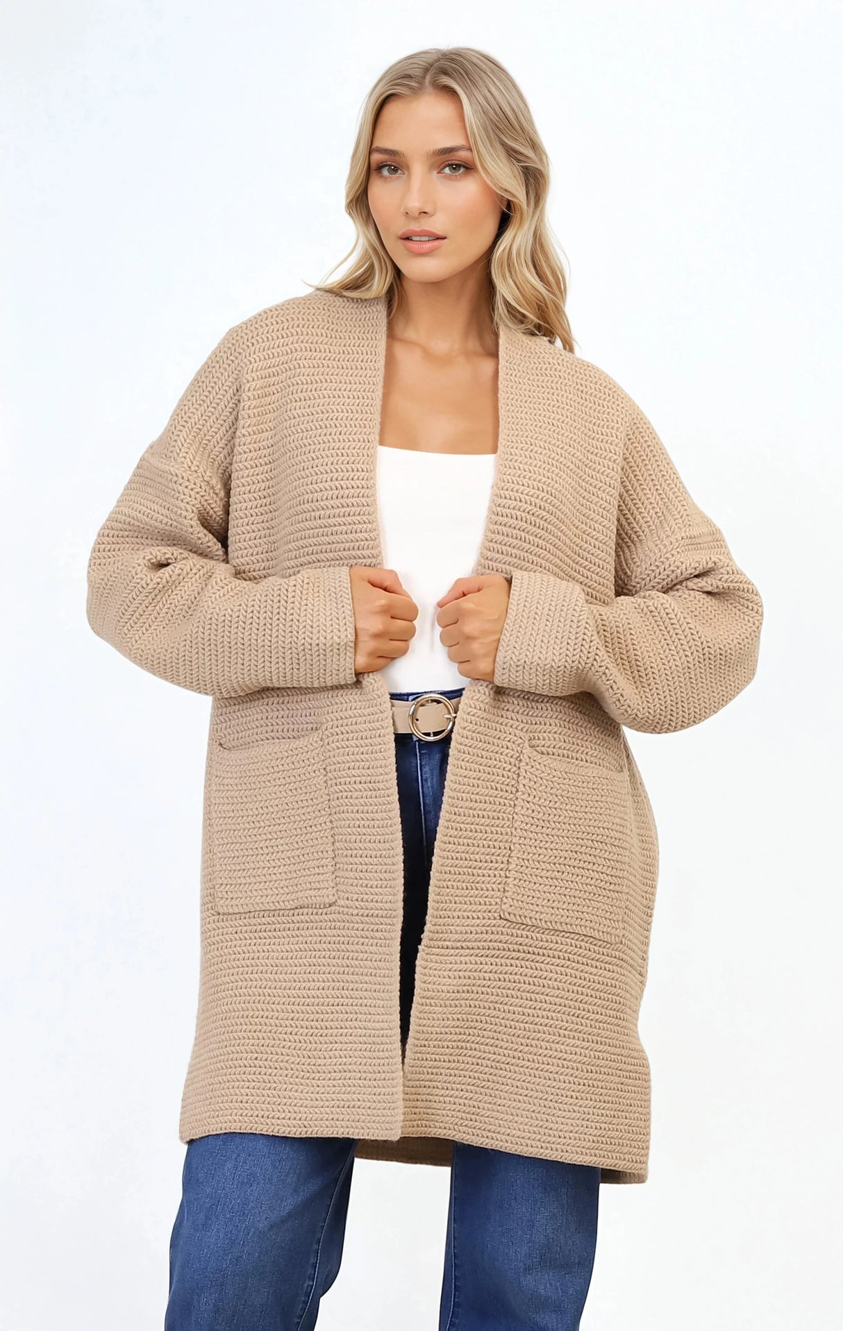 Charles Cardigan - Open Front Knit Cardigan with Pockets in Camel