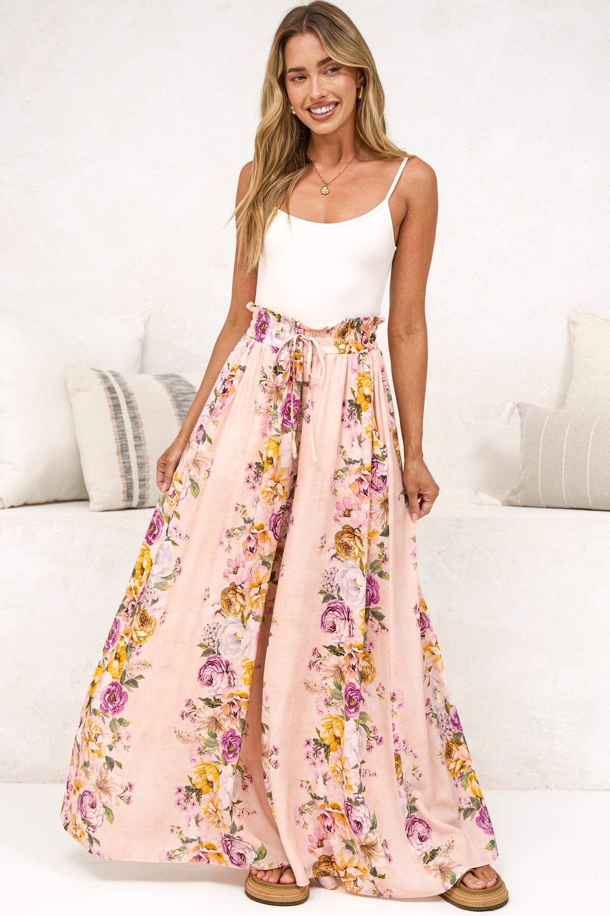 Charli Pants - Paper Bag High Waisted Wide Leg Pants in Armeria Print