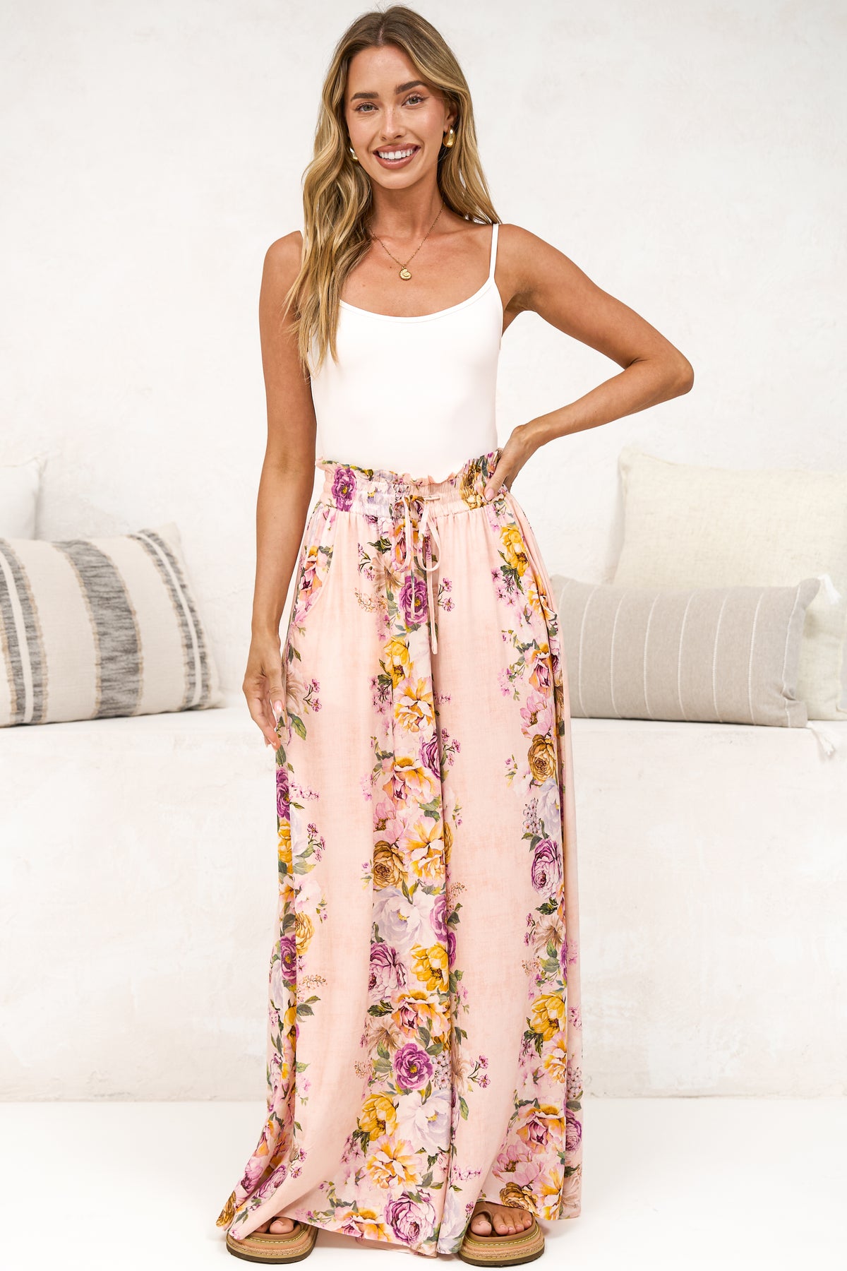 Charli Pants - Paper Bag High Waisted Wide Leg Pants in Armeria Print