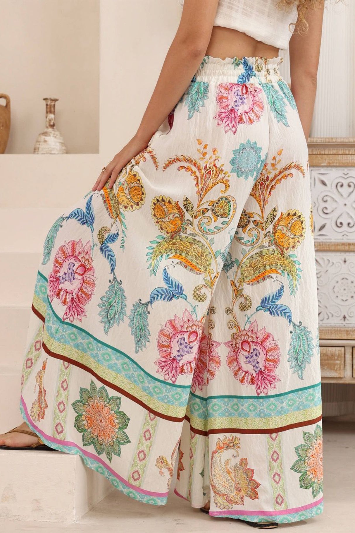 Charli Pants - Paper Bag High Waisted Wide Leg Pants in Bassena Print