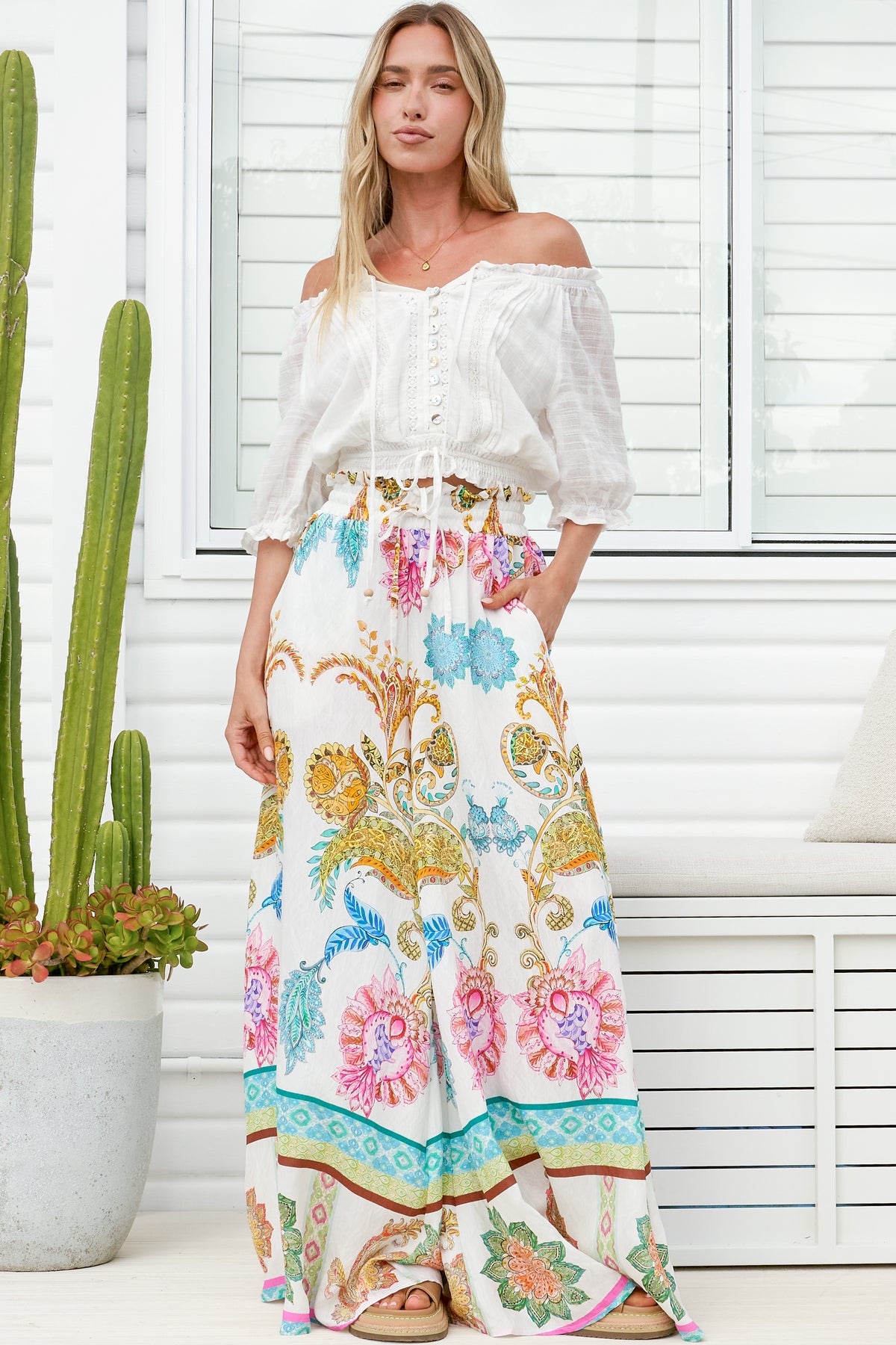 Charli Pants - Paper Bag High Waisted Wide Leg Pants in Bassena Print