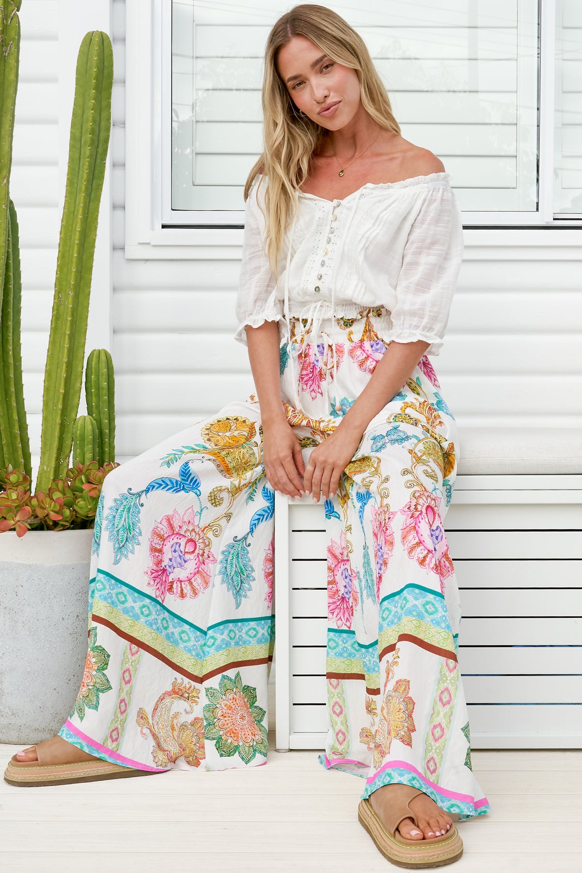 Charli Pants - Paper Bag High Waisted Wide Leg Pants in Bassena Print