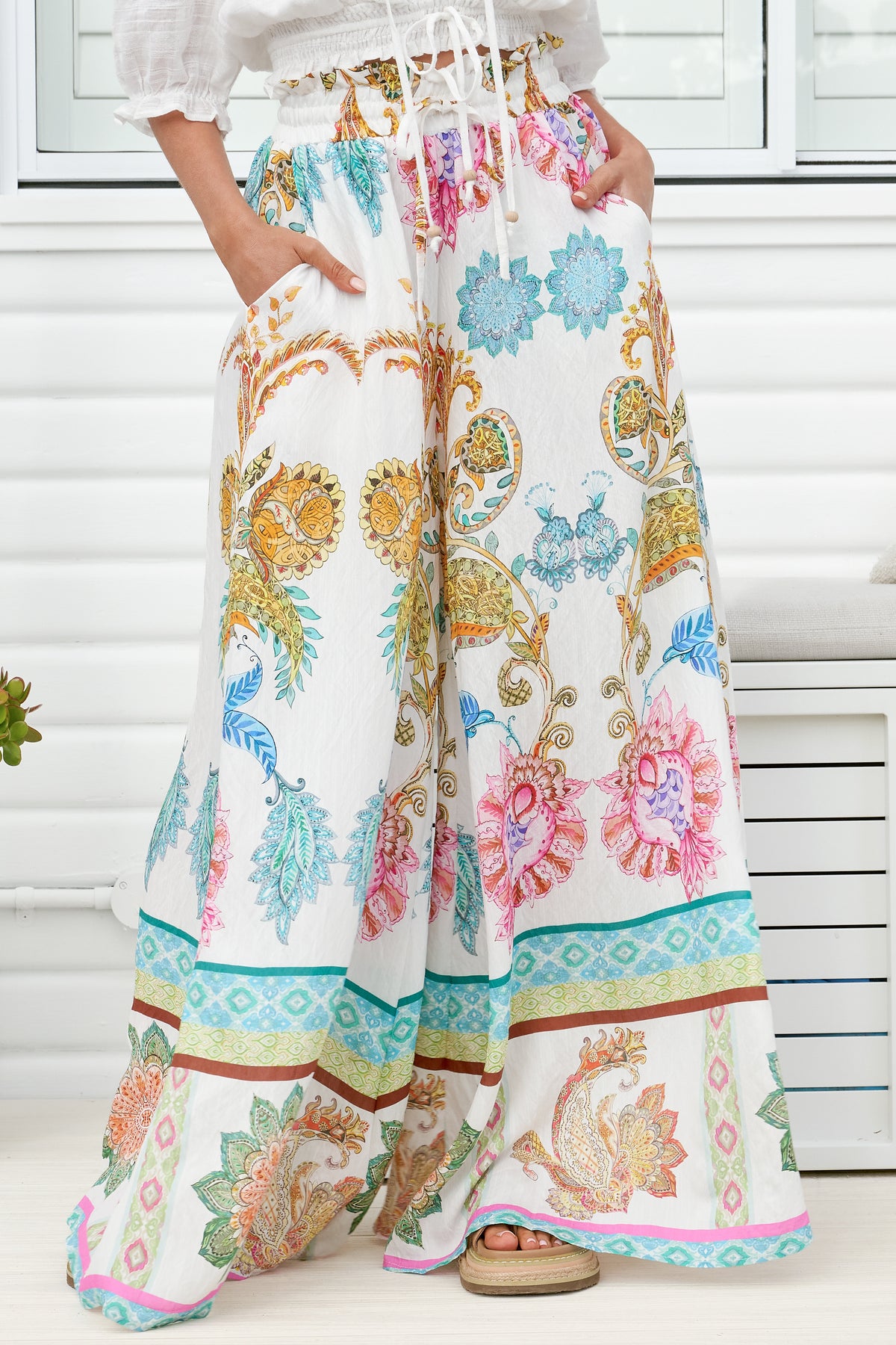 Charli Pants - Paper Bag High Waisted Wide Leg Pants in Bassena Print