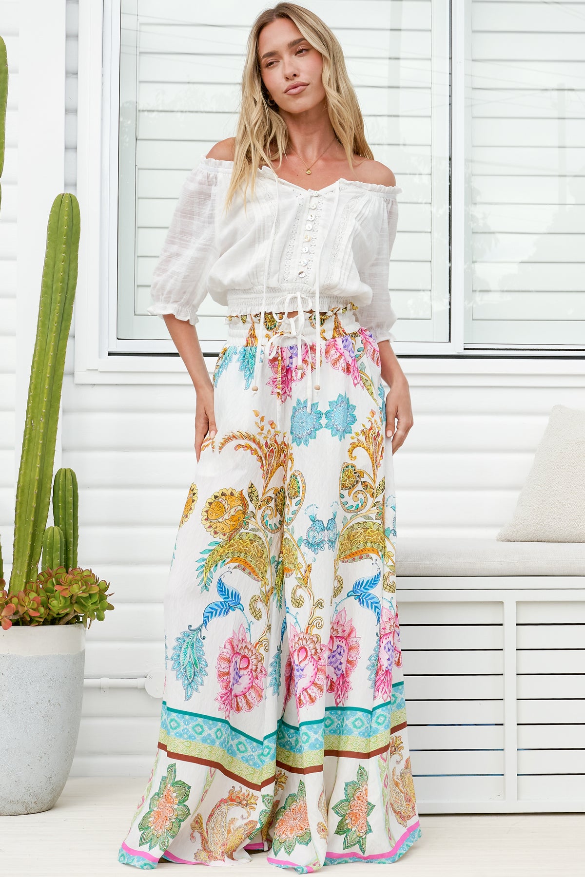 Charli Pants - Paper Bag High Waisted Wide Leg Pants in Bassena Print