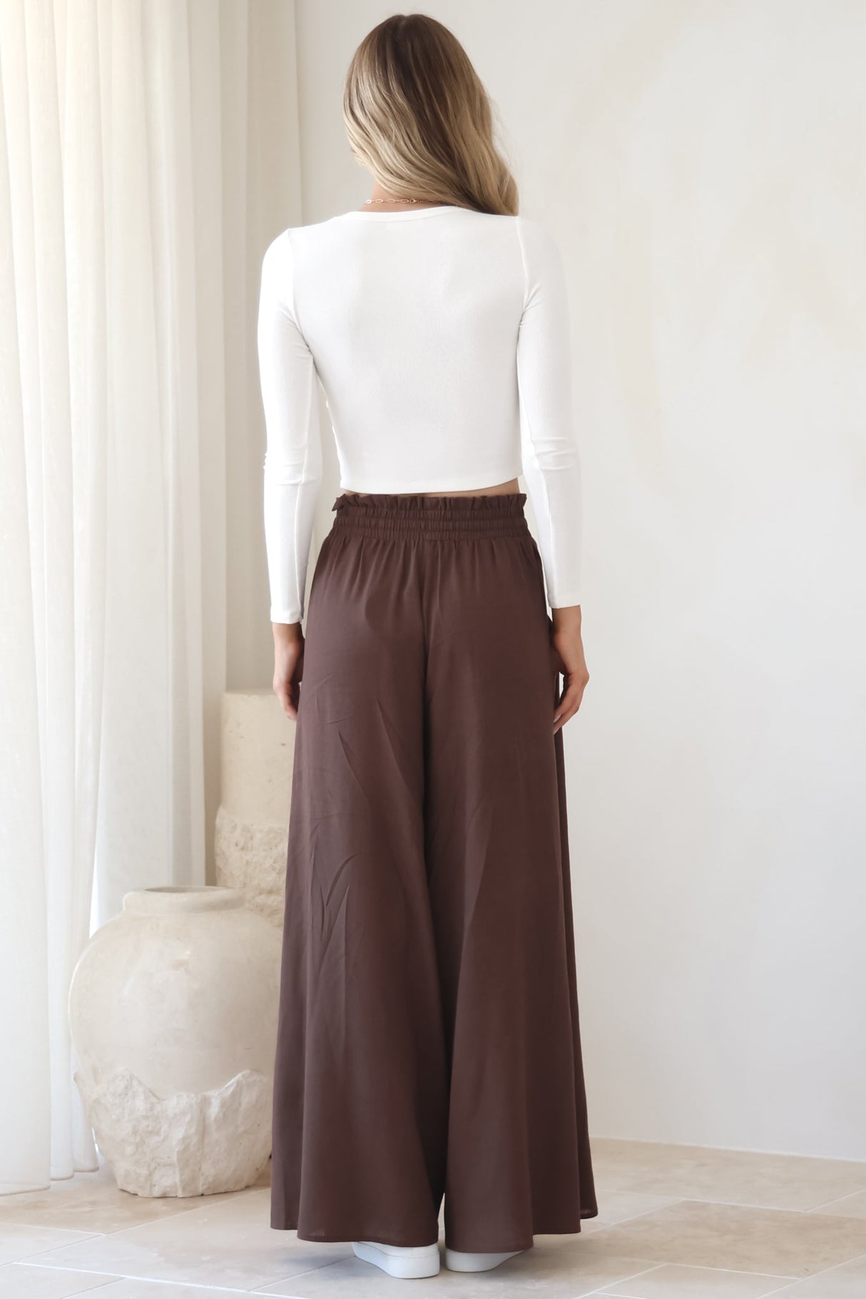 Charli Pants - Paper Bag High Waisted Wide Leg Pants in Brown