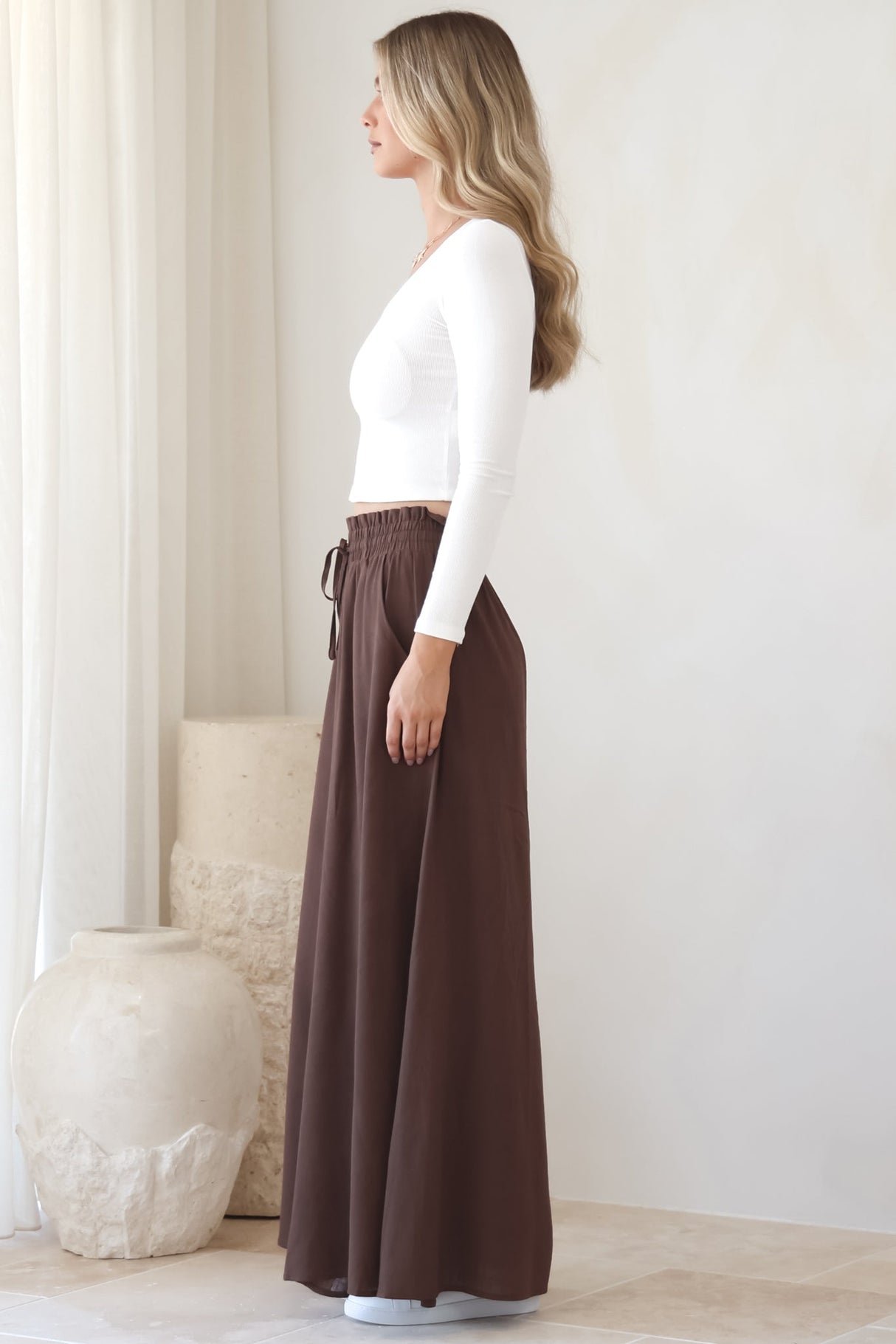 Charli Pants - Paper Bag High Waisted Wide Leg Pants in Brown