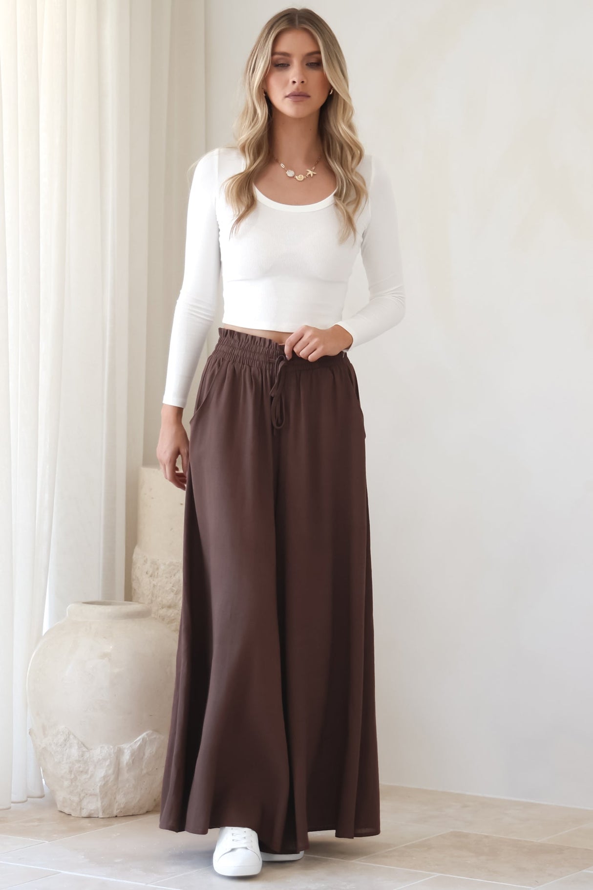 Charli Pants - Paper Bag High Waisted Wide Leg Pants in Brown