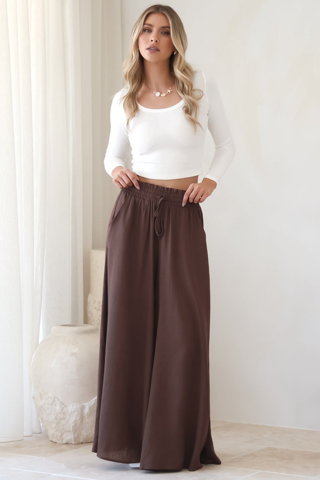 Charli Pants - Paper Bag High Waisted Wide Leg Pants in Brown