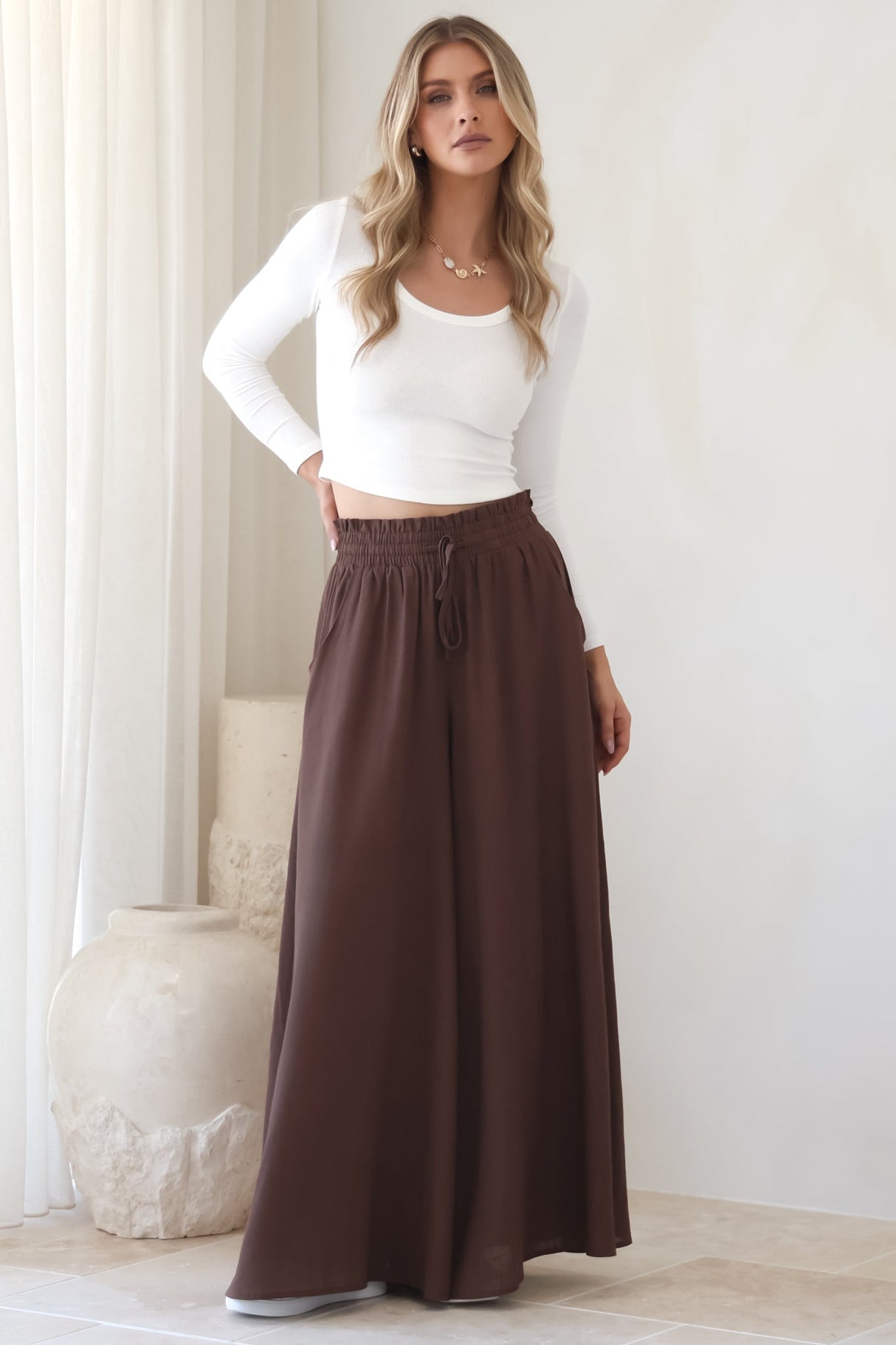 Charli Pants - Paper Bag High Waisted Wide Leg Pants in Brown